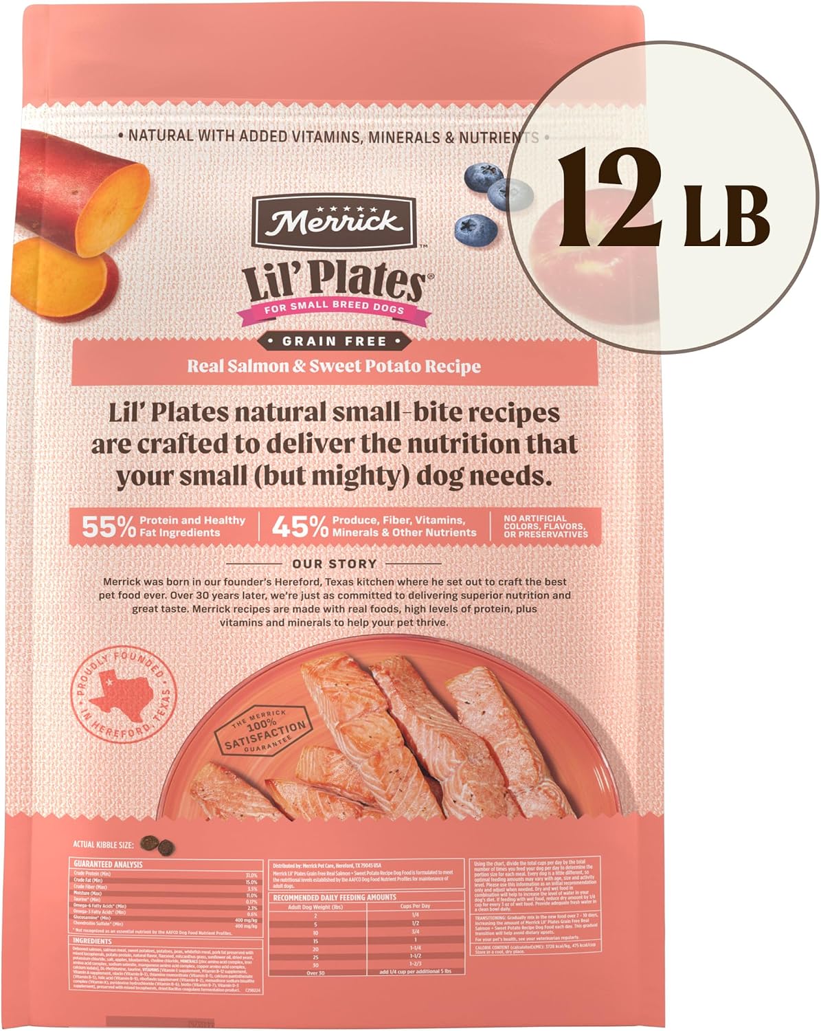 Merrick Lil' Plates Salmon Sweet Potato Dog Food 12 lb Bag | Premium, grain-free salmon and sweet potato kibble crafted with high protein and healthy fats for small breed dogs