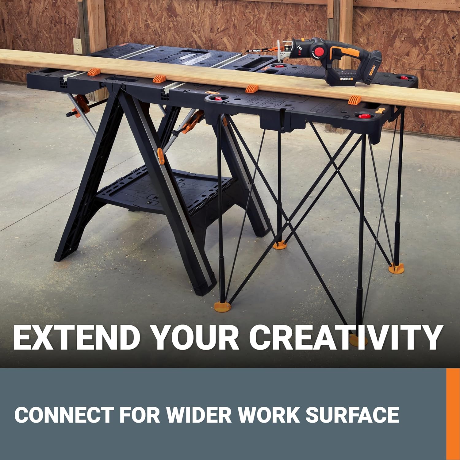 WORX Portable Folding Workbench, 2-in-1 Pegasus Table & Sawhorse, WX051 | 31"×25"×32" dimension, heavy load capacity, fast setup, includes 2 clamps & 4 clamp dogs, lightweight portable design