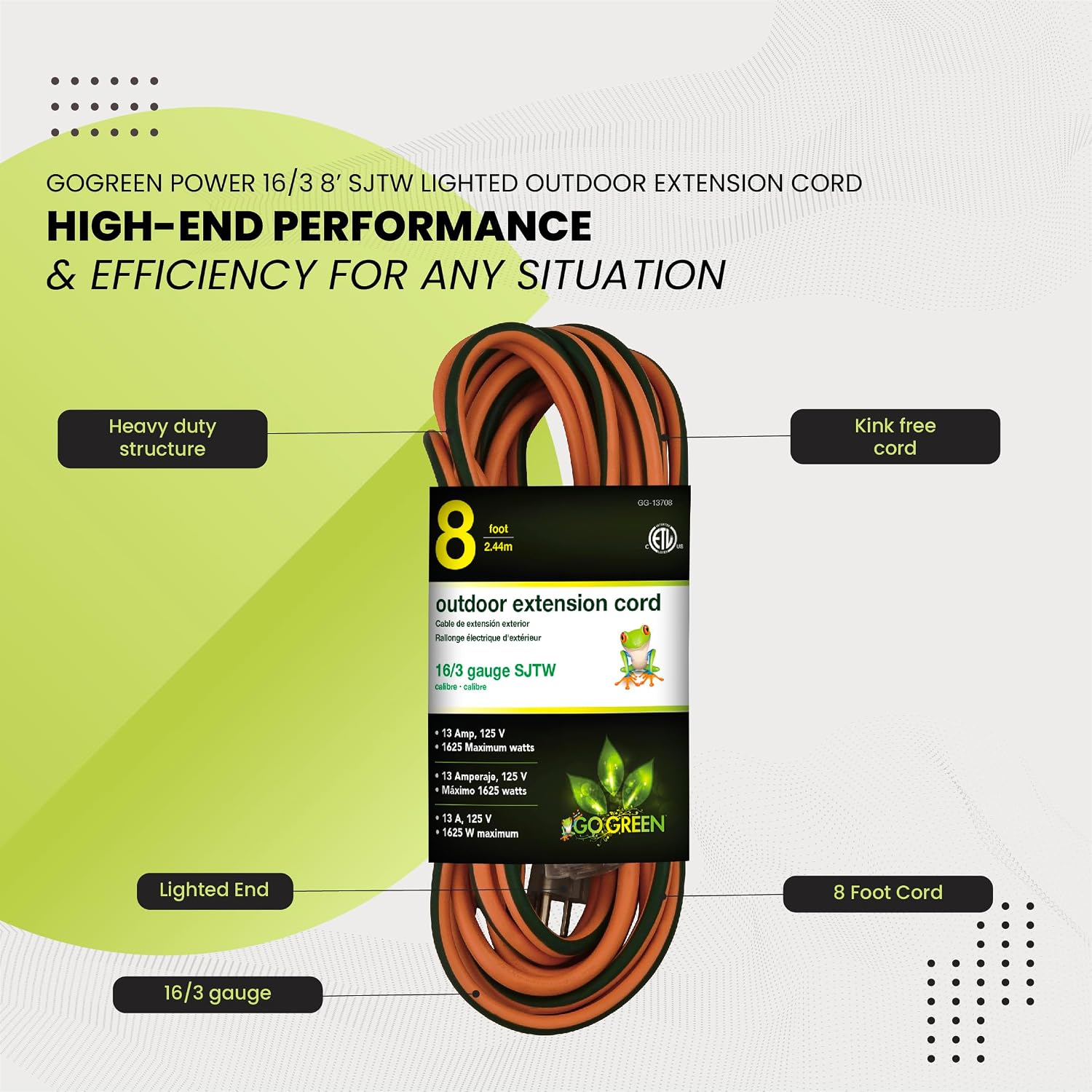 Go Green Power Inc. (GG-14025) 12/3 SJTW Outdoor Extension Cord, Lighted End, 25 ft