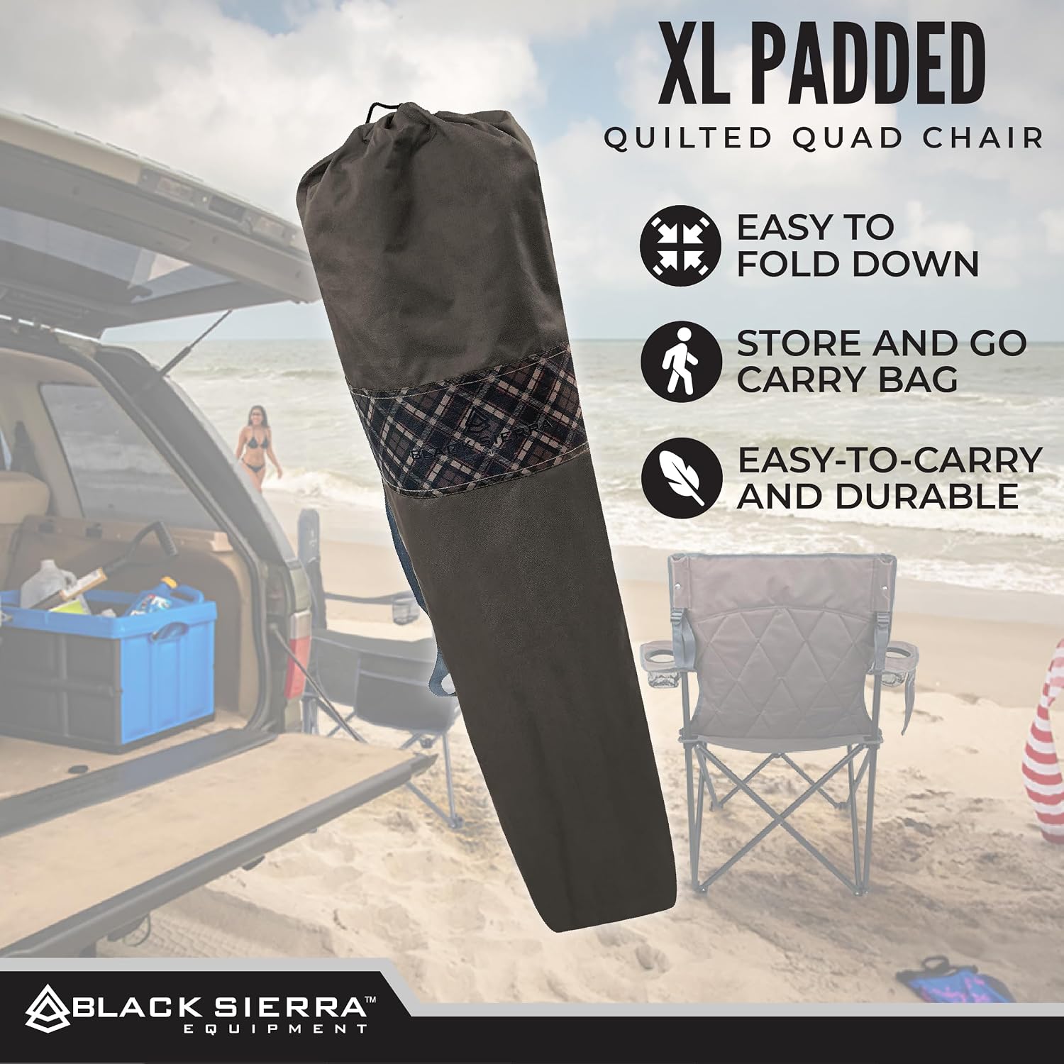 Black Sierra Quilted Padded Camping Chair, Oversized Heavy Duty Outdoor Lounge Seat Supports 300 lbs, Portable, Folding with Cup Holder for Beach, Tailgating, Sports, Patio