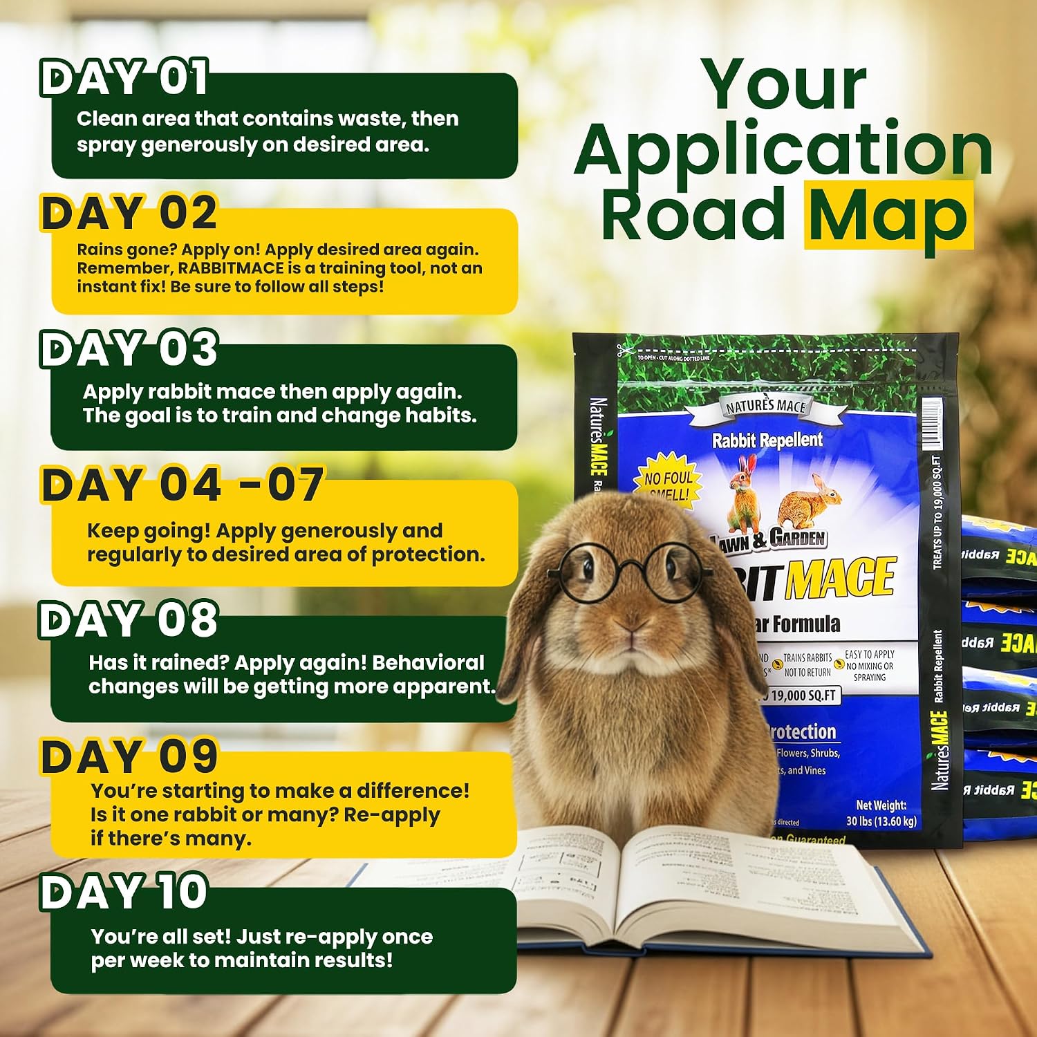 Nature's MACE Rabbit Mace Rabbit Repellent 3 lb Granules | Gardens, Lawns, Farms & Landscapes, Treats 1,350 sq ft, Granular Deterrent, All-Season Use, Safe for Pets, Children, Plants.