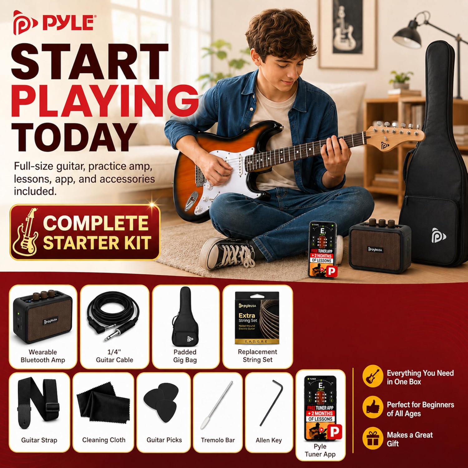 Pyle Electric Guitar and Amp Kit - Full Size 39" Complete Starter Kit with Wearable Bluetooth Amplifier, 1/4” Cable, Carry Case, Strap, Strings, Picks, Cleaning Cloth, ST-Style Pickups (Black)