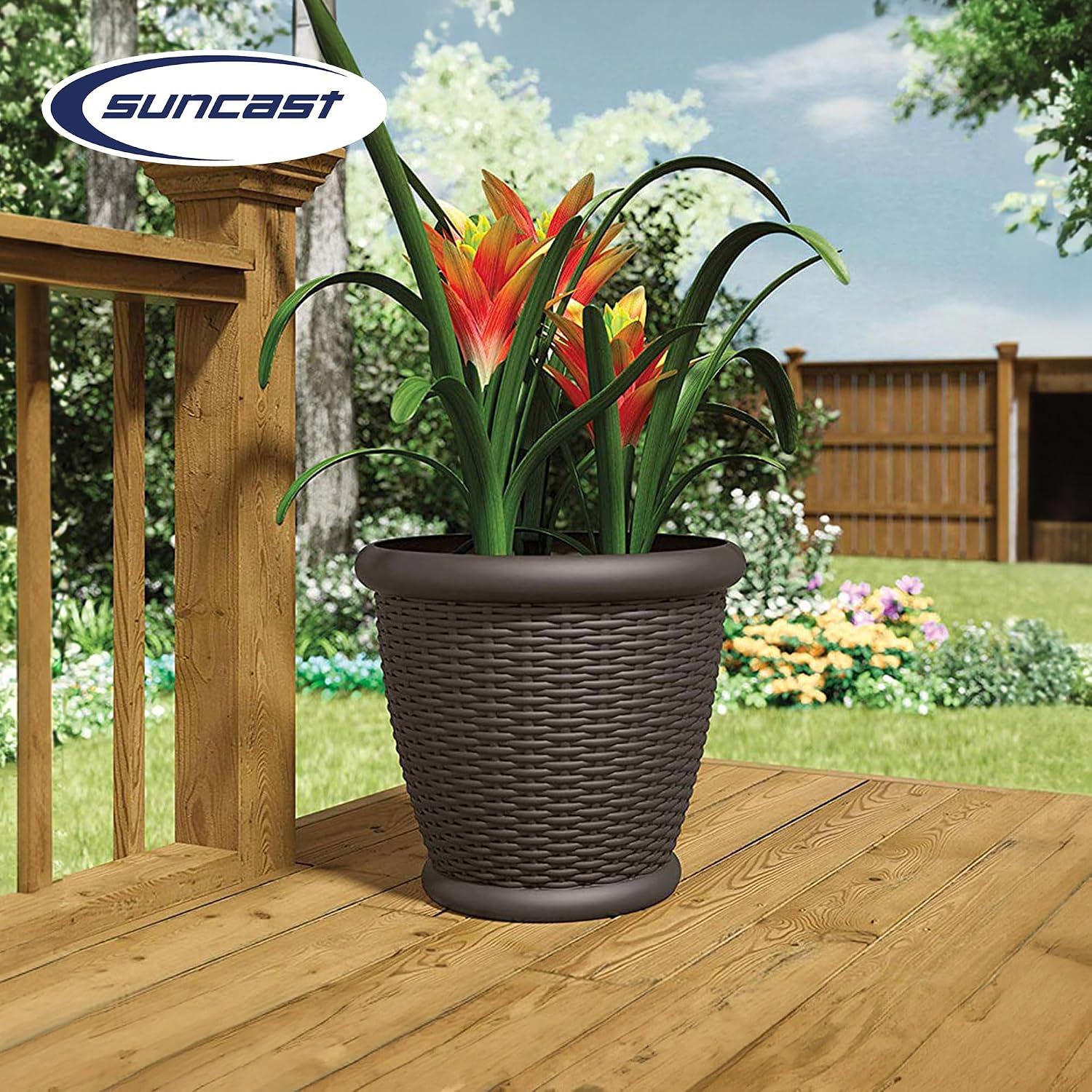 Suncast Wicker Planter w/ Drillable Drain Holes, Decorative Indoor/Outdoor Pot, 18in, Java