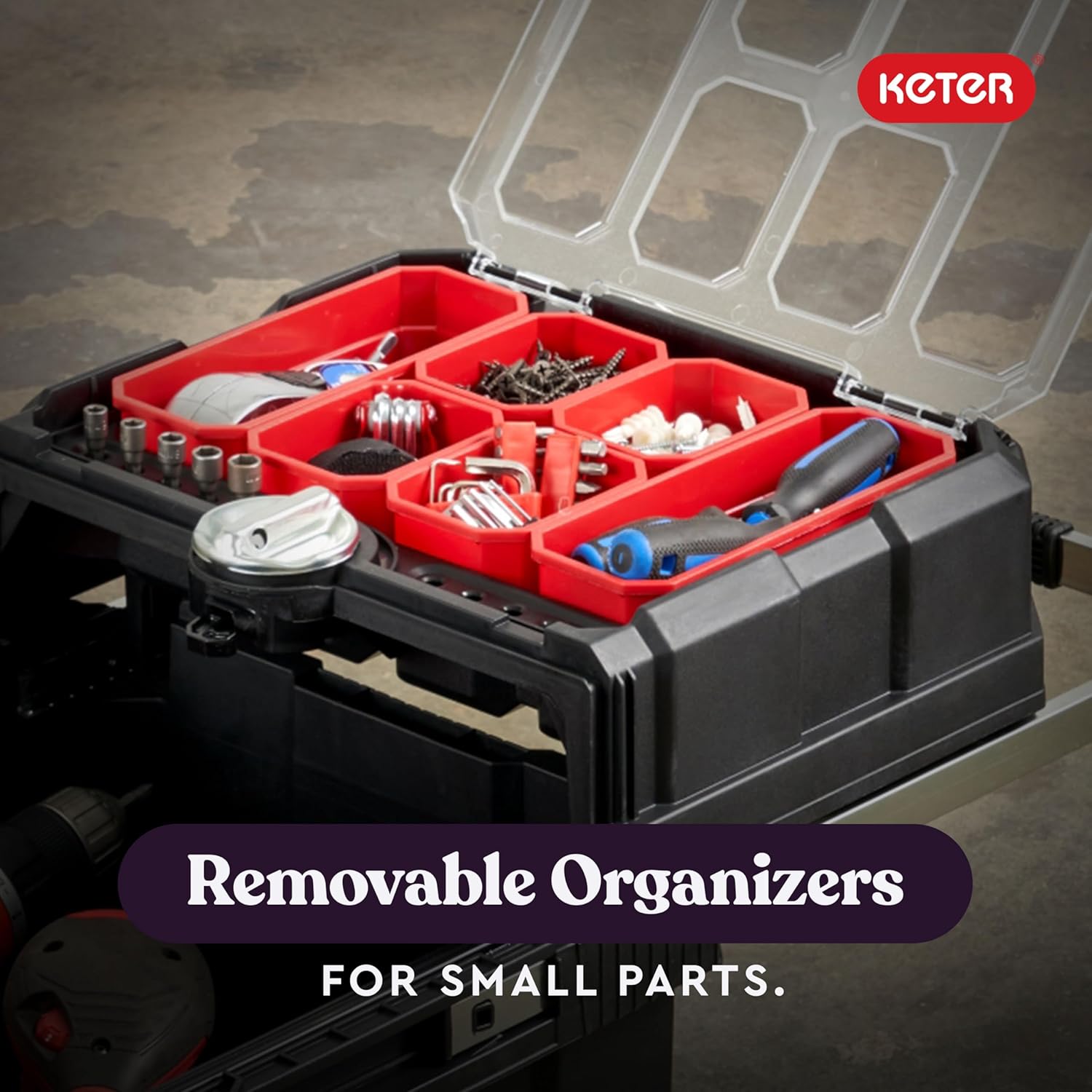 Keter Masterloader Resin Rolling Tool Box with Locking System and Removable Bins – Perfect Organization and Storage Chest for Power Drill, Tape Measure, and Screwdriver Set, Black | Black, Heavy Duty, Weatherproof, All Terrain Wheels, Durable, Easy Slide…