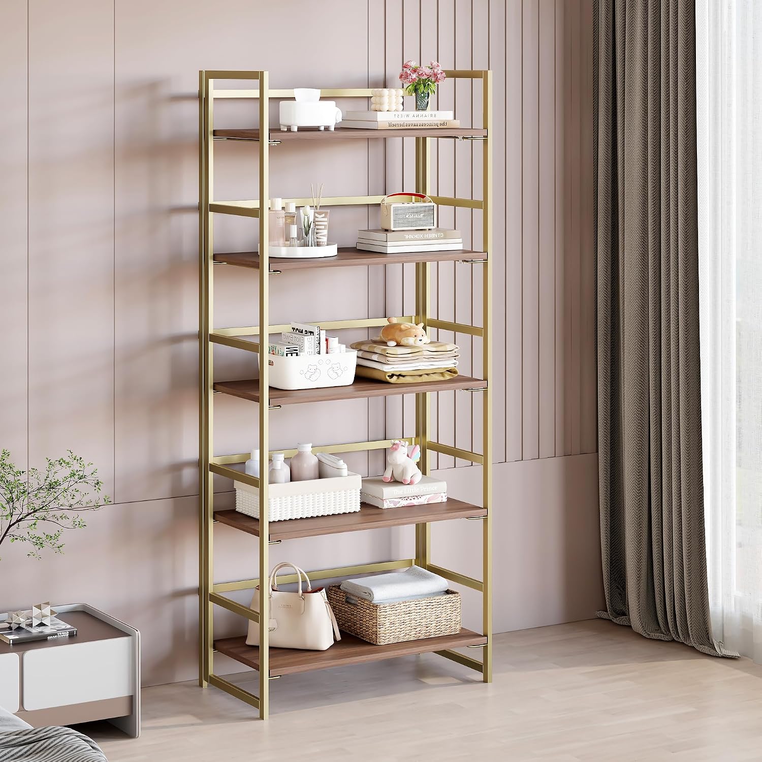 Vintage Multifunctional Folding Bookshelf, No-Assembly Plant Stand Storage Rack Shelves for Home Office (Fire, 5-Tier)