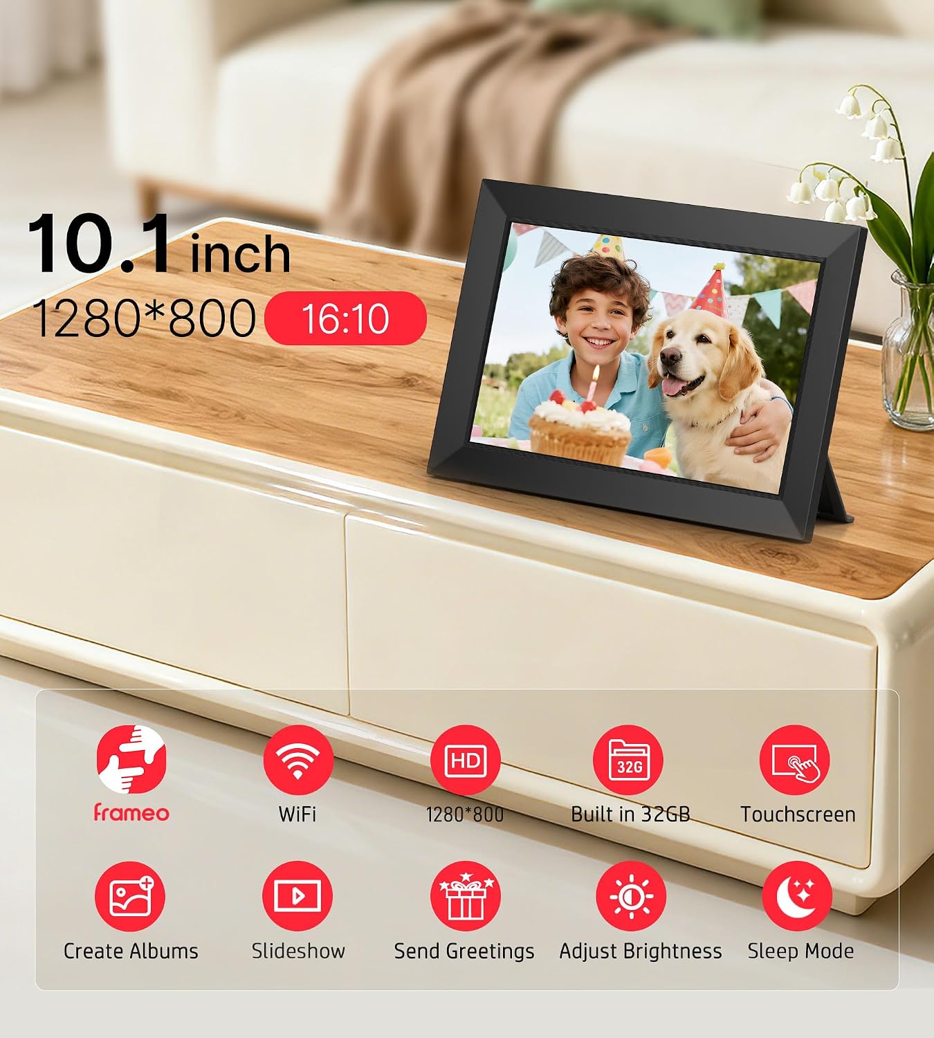 BIGASUO Digital Picture Frame, 10.1" Frameo Digital Frame WiFi with 32GB Memory, 1280x800 IPS Touch Screen