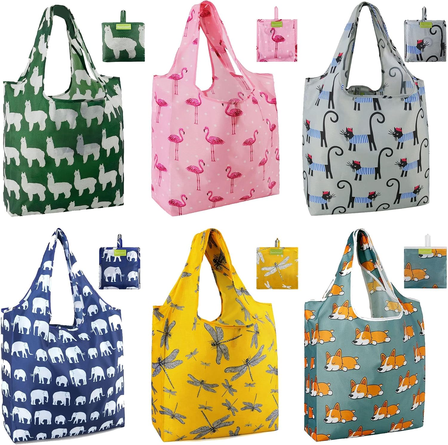 BeeGreen Grocery Bags | Reusable Gift Bags, Large Tote for Women & Foldable Beach Bag - 6 Pack Reusable Bag With Handles | Collapsible Cute Cloth Storage for Market, Holiday & Shopping | Washable​