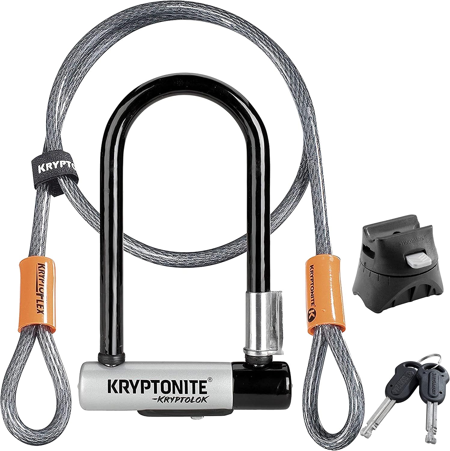 Kryptonite Kryptolok Mini-7 Bike U-Lock, 4ft Security Cable and Keys | 12.7mm hardened steel shackle, double deadbolt design, includes FlexFrame-U mounting bracket and 10mm looped steel cable