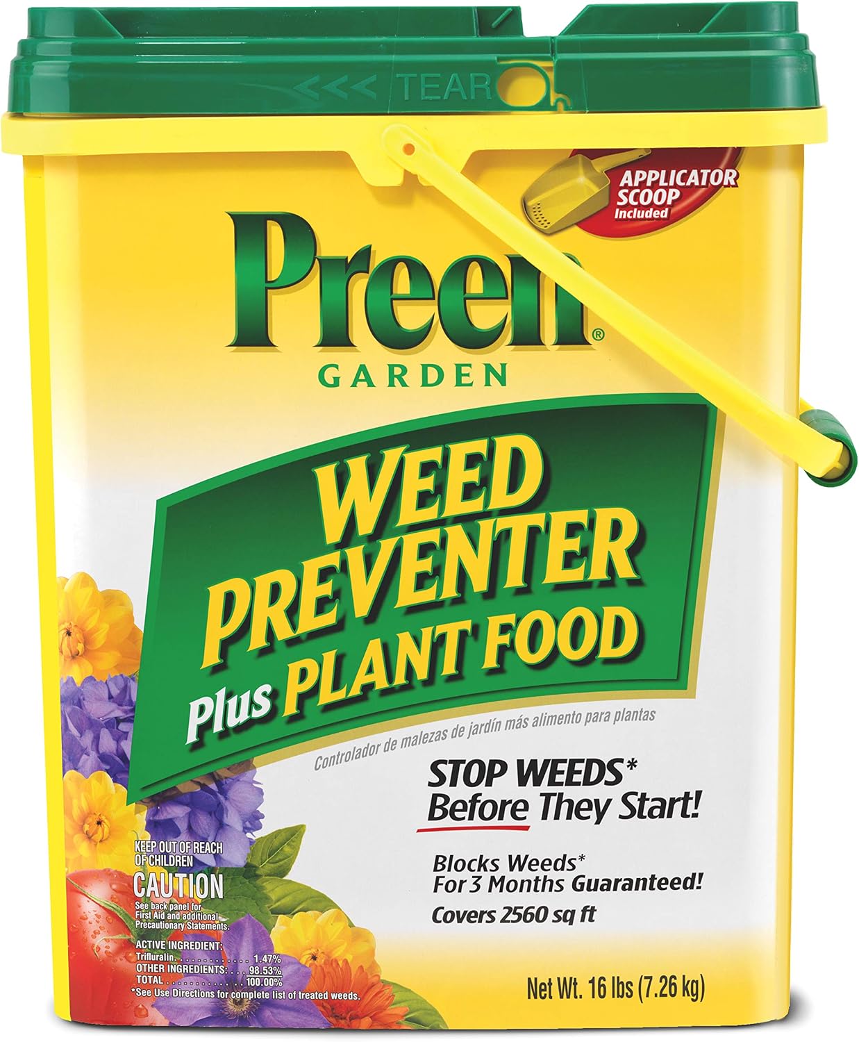 Preen Garden Weed Preventer Plus Plant Food 16 lb. Drum, Covers 2,560 sq ft | Granular All Purpose Fertilizer with Pre Emergent Weed Control for Gardens – Prevents Weeds and Feeds Plants