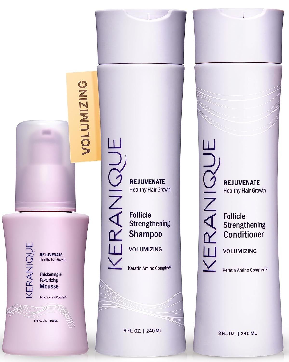 Keranique Volumizing Shampoo and Conditioner Set with Thickening Mousse - Keratin Enriched Volume Kit for Thinning, Fine, Damaged, Dry Hair - Color Safe, Sulfate Free, No Alcohol Formula for Women