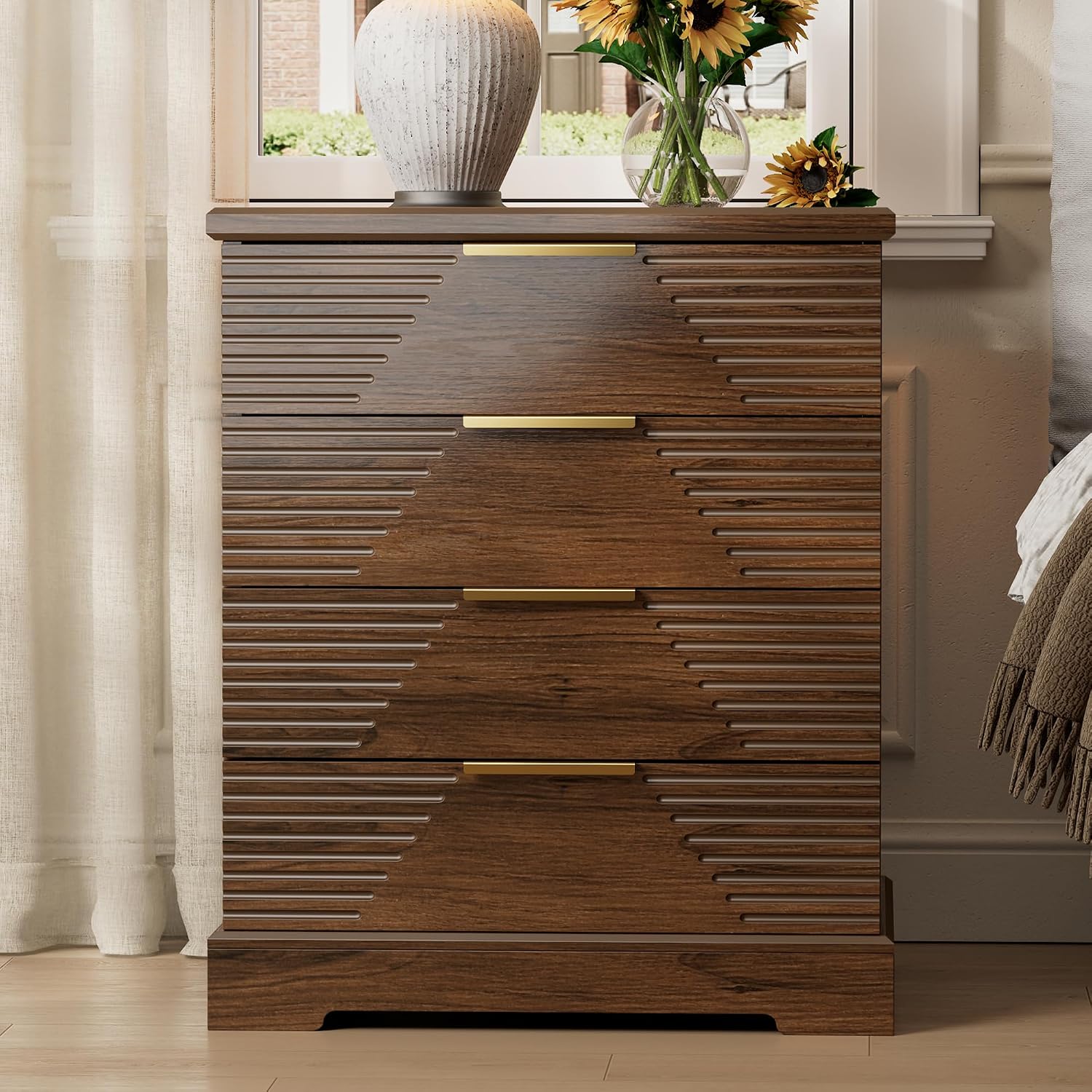 Gyfimoie Tall Nightstand with 4 Drawers Walnut Fluted Bedside Table | Stylish Fluted Design, Rich Walnut Finish, Gold Bar Pulls