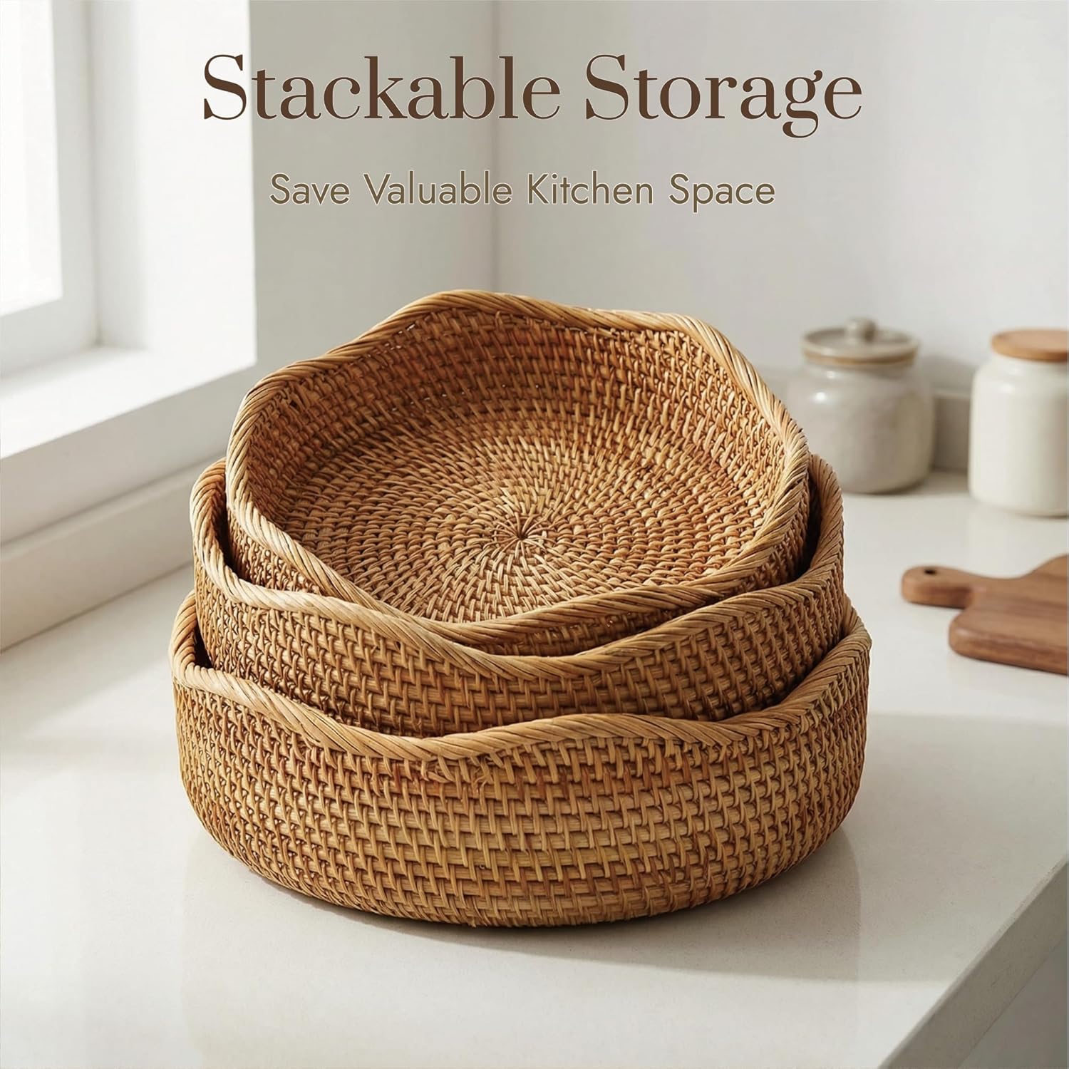 YANGQIHOME Rattan Bread Basket, Round Fruit Baskets, Wicker Storage Bowls, Natural Woven Serving Basket Bowls