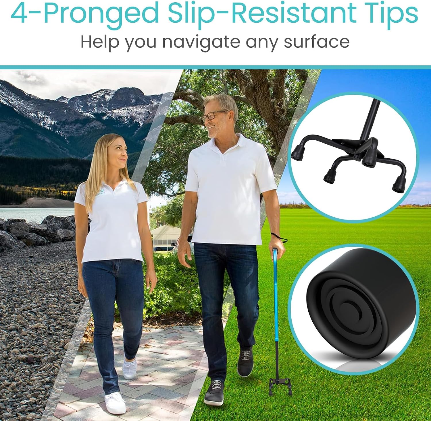 Vive Quad Cane - Walking Stick for Men and Women - Lightweight Adjustable Staff - Comfortable Right and Left Hand Grip for Stability Support - Four Prong Sturdy Aluminum Travel Aid - 4 Tip Blue | Senior 4 Prong Walking Stick for Stability & Balance- Righ…