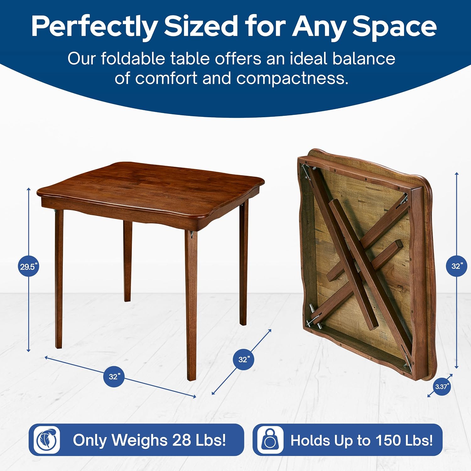 Stakmore Stylish Durable Versatile Square Folding Table, Cherry | Solid Wood Scalloped Edge Compact Traditional Card Table for Home Use