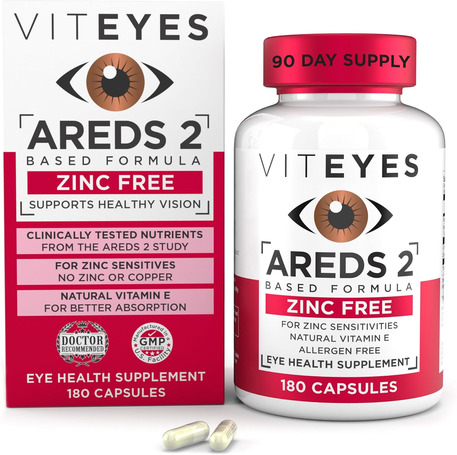 Viteyes AREDS 2 Zinc Free Macular Support, Natural Allergen Free Capsules with Vitamin E, Vitamin C, Lutein & Zeaxanthin, No Zinc, No Copper, Eye Doctor Trusted, Manufactured in the USA, 180 Ct