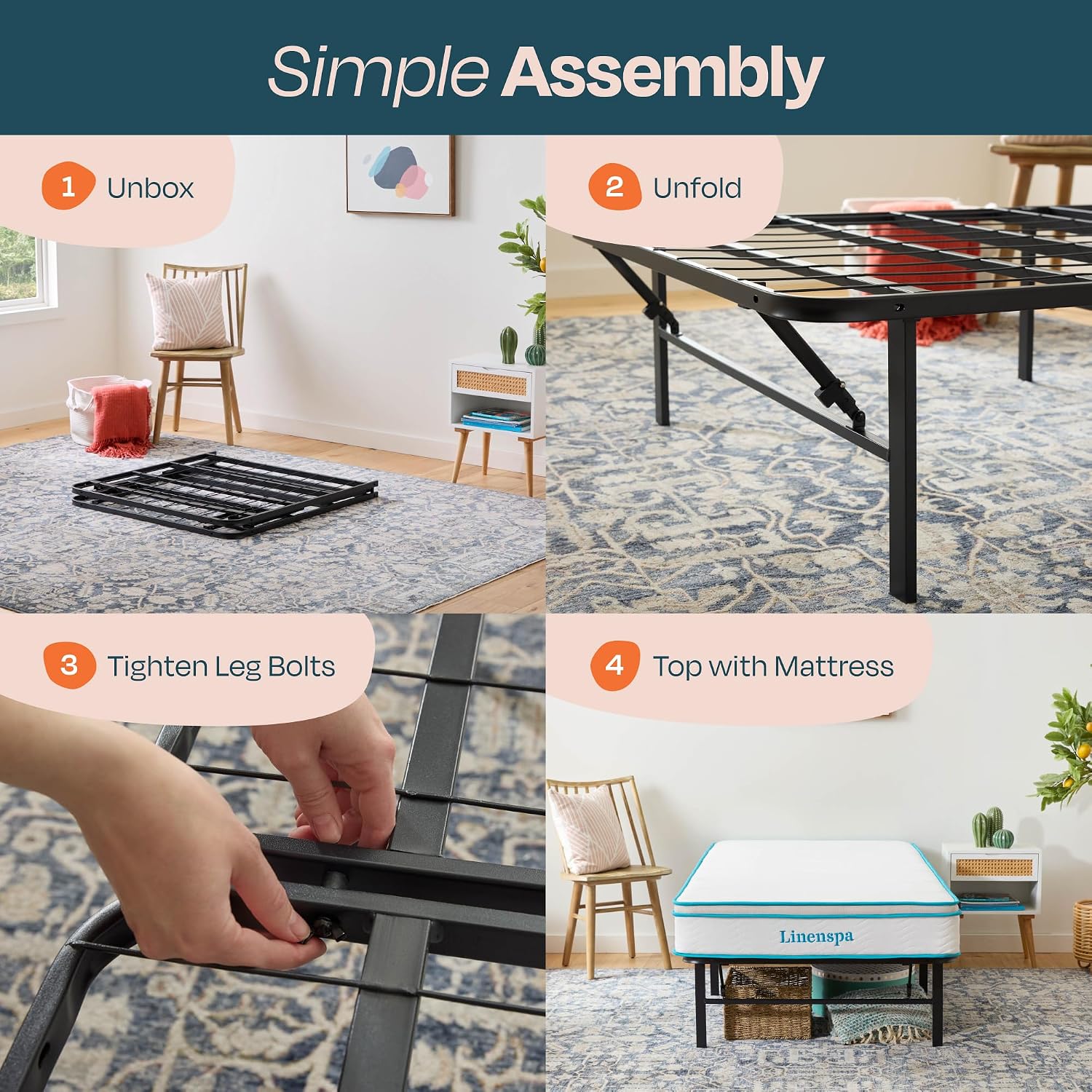 Linenspa Folding Metal Platform Bed Frame - Easy Assembly - Sturdy Steel - No Box Spring Needed - Underbed Storage - Mattress Foundation - 14" High
