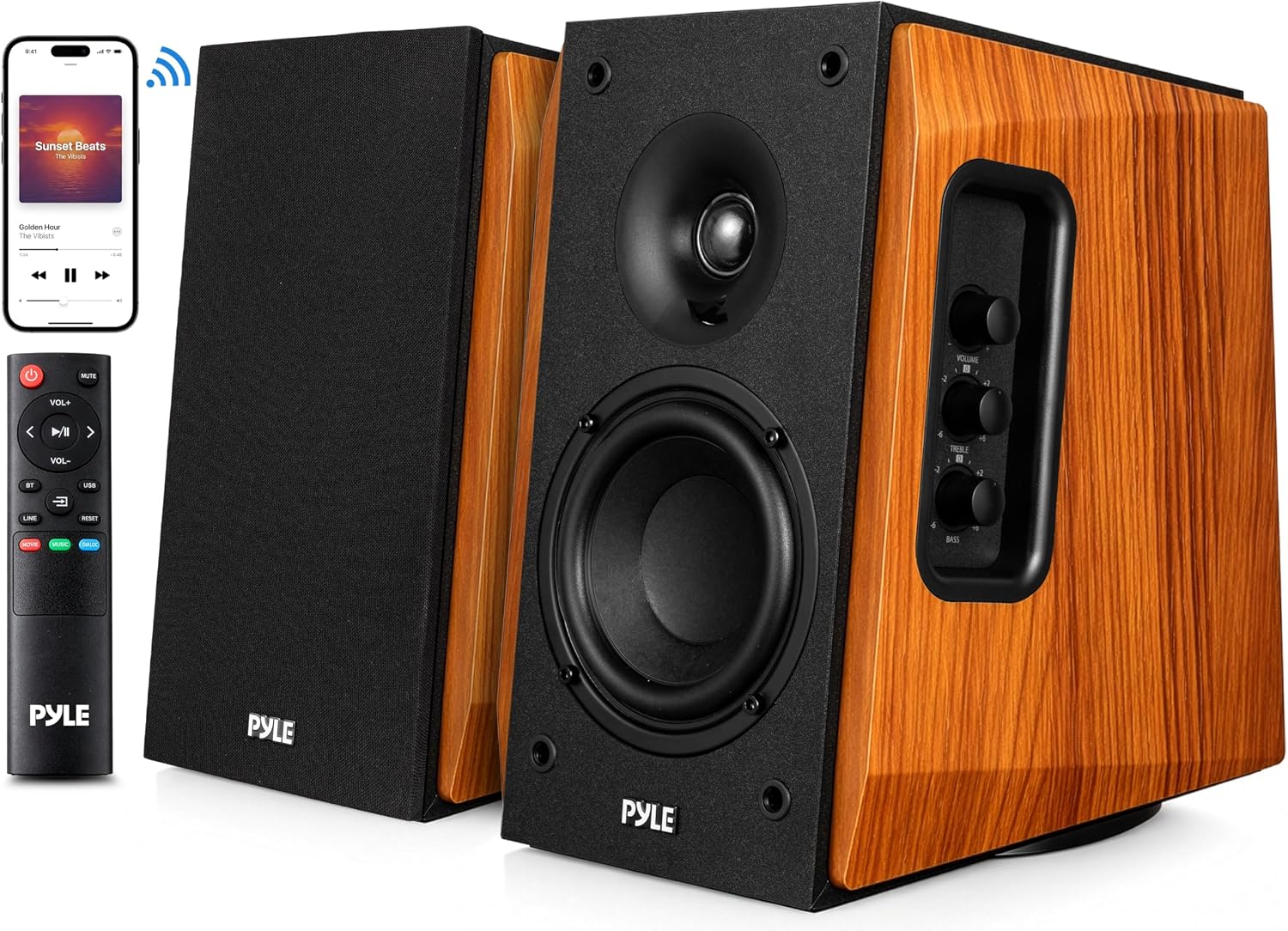 Pyle Powered Bookshelf Speaker System with Bluetooth, 80W Active Stereo Speakers, Bass Reflex Natural Wood Cabinet, Hi Def ARC, Optical, Coax, Subwoofer Out, for Entertainment, Studio (Pair)