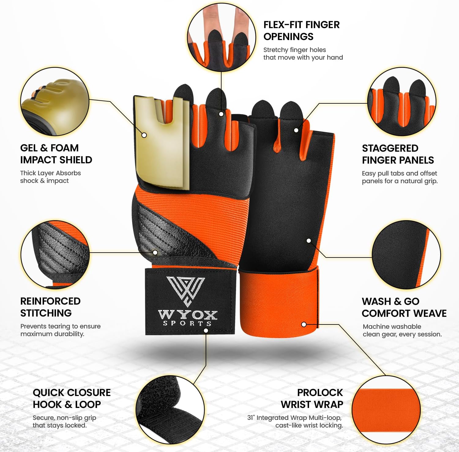 WYOX Neoprene Gel Boxing Hand Wraps Inner Gloves for Men & Women – 80cm/31in Quick Wrist Strap, Padded Knuckle Protection
