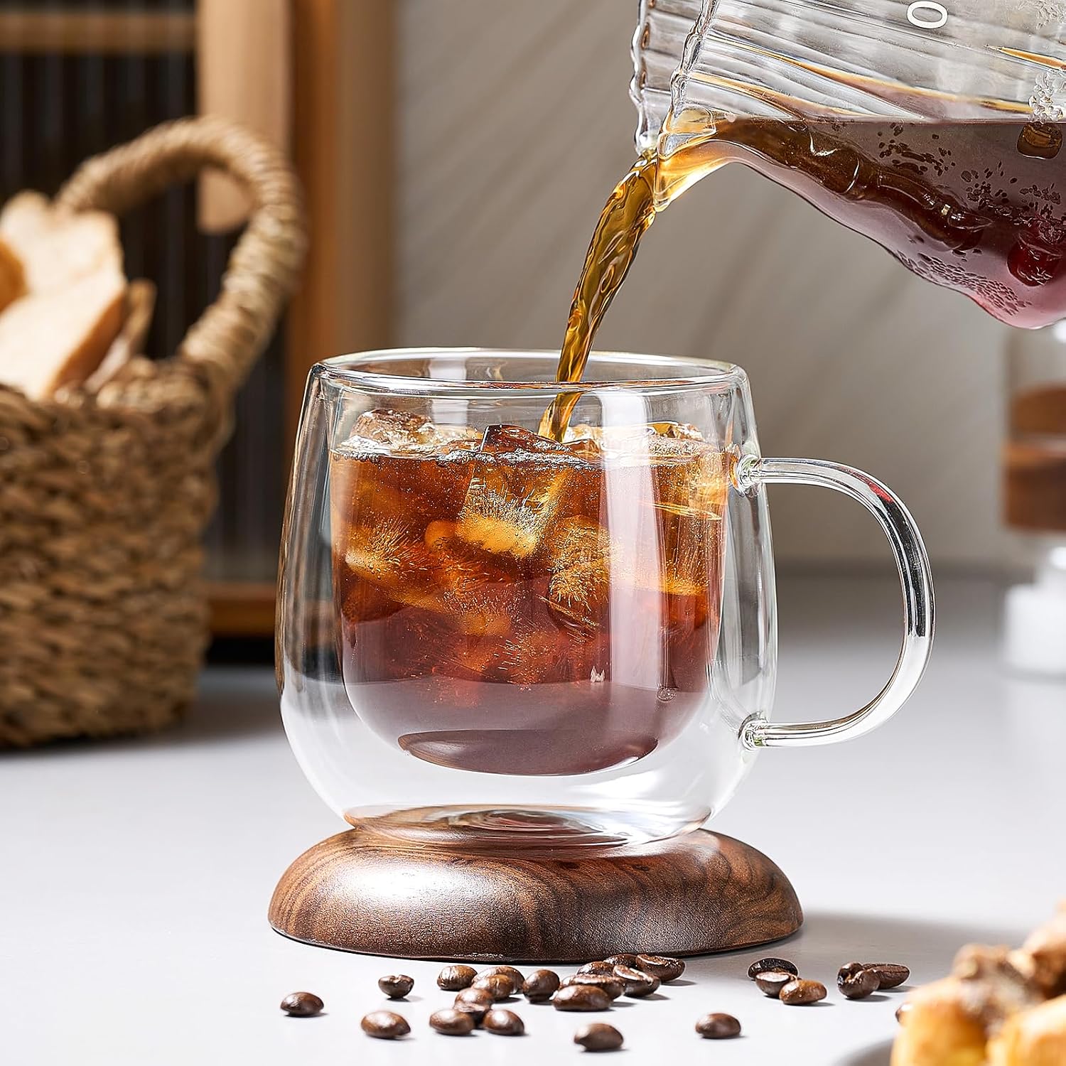 4 Pack Double Walled Glass Coffee Mugs, 16 oz Large Insulated Clear Coffee Cups with Handle, Cappuccino Mug for Espresso, Latte, Americano, Tea Bag