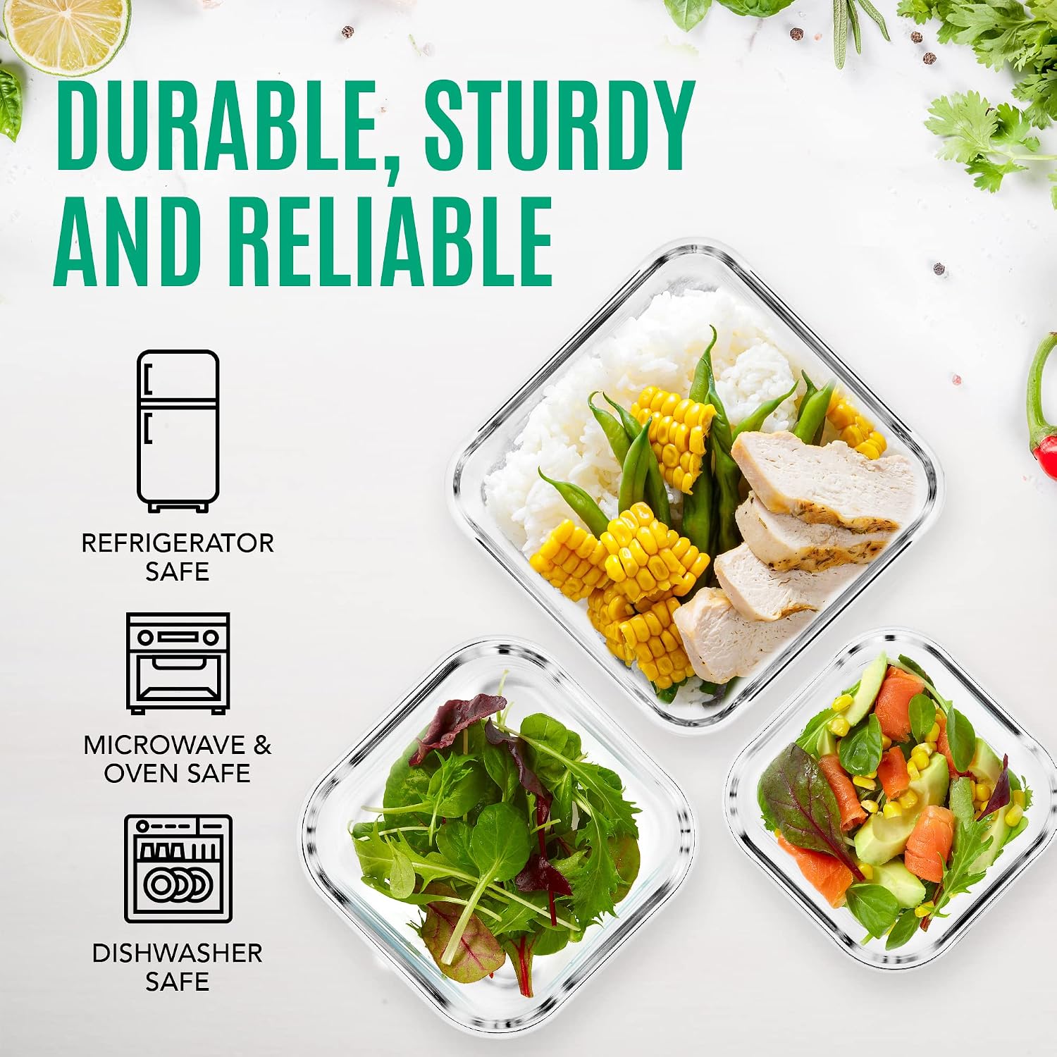Razab 6 PC Square Glass Food Storage Containers with Airtight lids (74