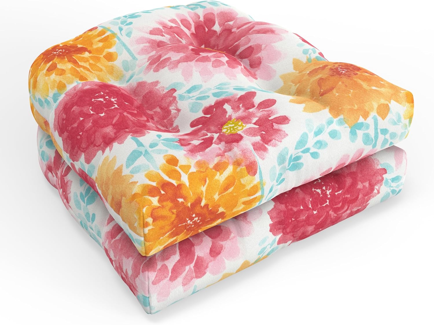 Pillow Perfect Bright Floral Indoor/Outdoor Tufted Wicker Seat Cushion, 2 Count, 19" x 19", Blue/Tan Telfair Peacock