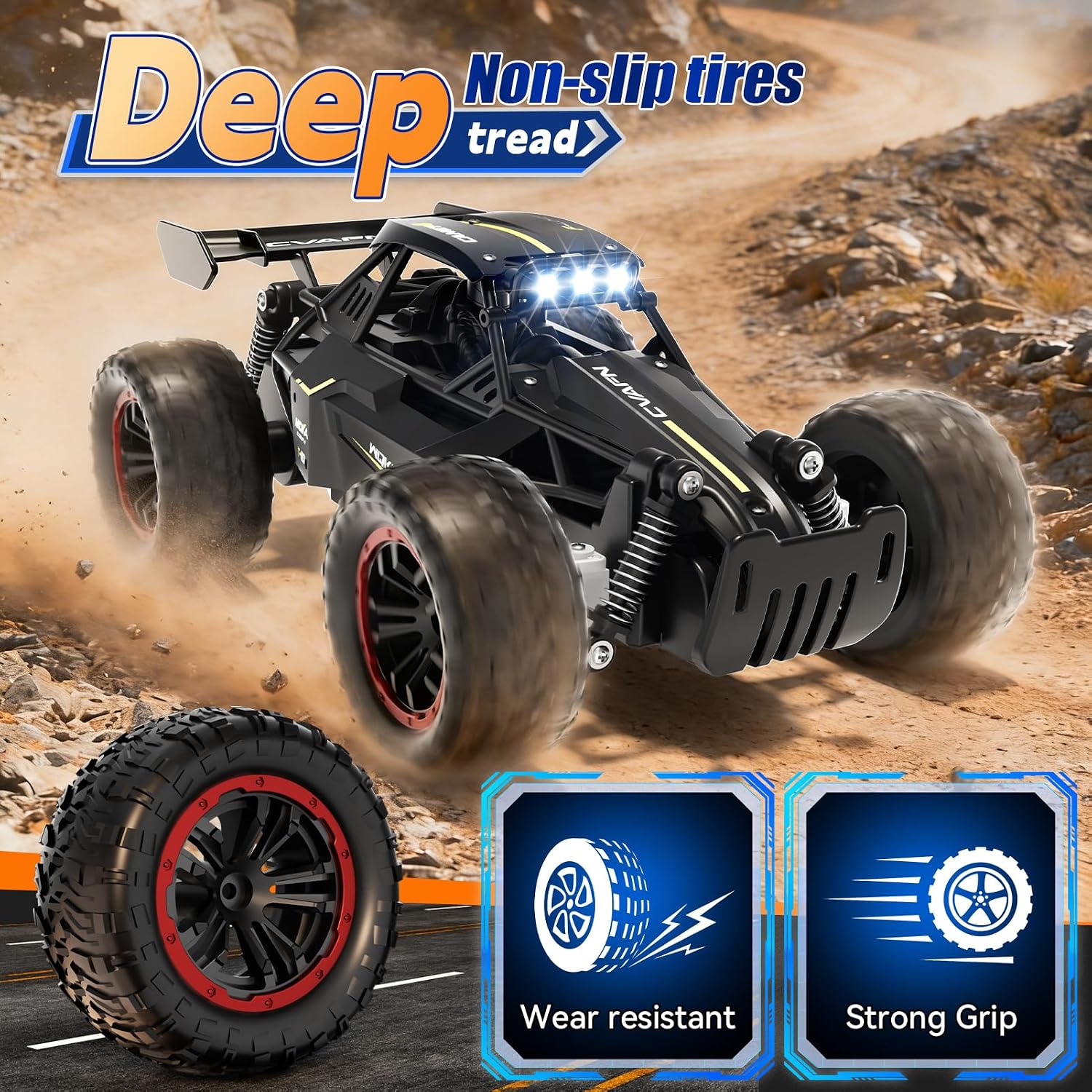 Remote Control Car, Fast RC Monster Truck with Durable Metal Body, 1:16 Off-Road RC Crawler with LED Headlights, All-Terrain Drift Car, 3 4 5 6 7 8 9 10 Year Old Boys Girls Kids Gifts