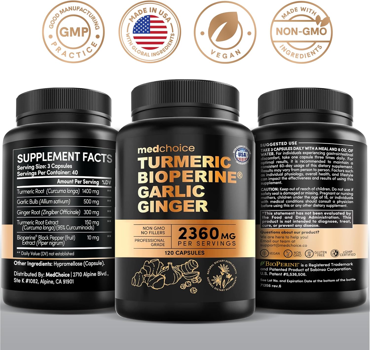 MEDCHOICE 4-in-1 Turmeric Joint Support with Garlic & BioPerine, 120ct