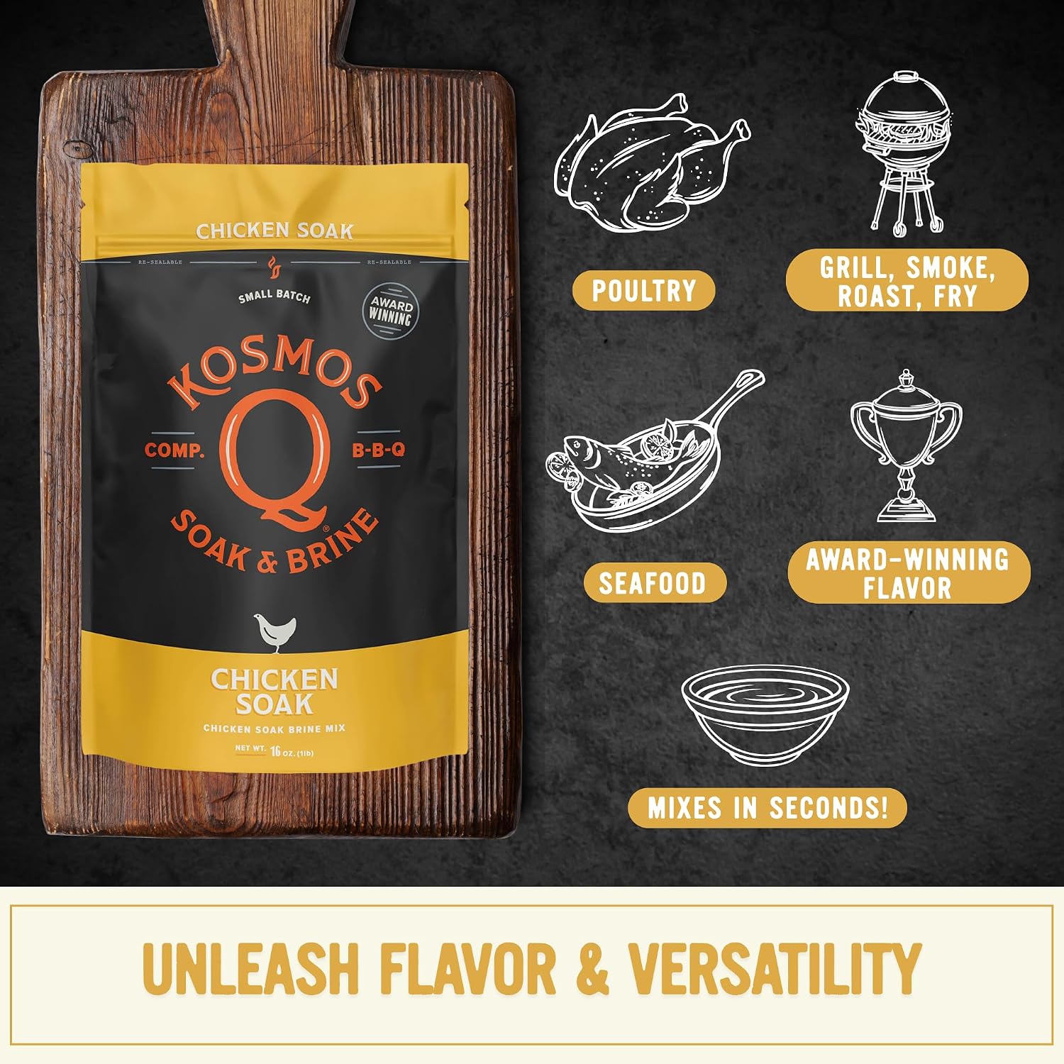 Kosmos Q Chicken Brine Soak, Brown Sugar & Worcestershire Spice Mix For Whole Bird, Breasts, Tenderloins, Grilling, Roasting, Smoking, Locks In Moisture, Savory Flavor, Easy Mix Directions, 16 Oz Bag