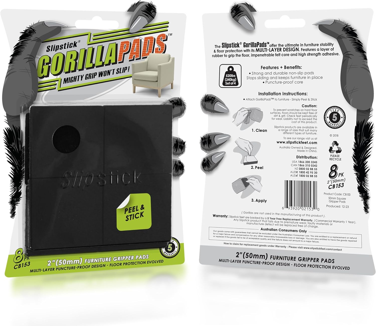 Slipstick GorillaPads CB149 Non-Slip Furniture Pads/Rubber Grippers (Set of 8) Self-Adhesive Furniture Feet Floor Protectors, 1-1/2 inch Round, Black