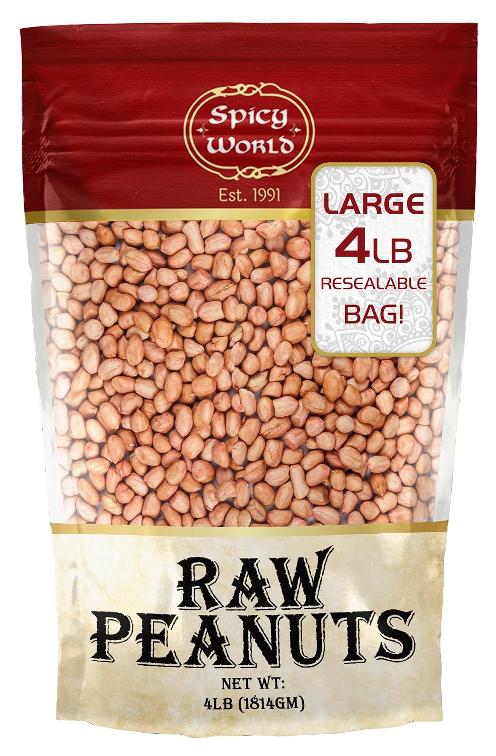 Spicy World Peanuts Raw Whole With Skin 4 LB Jumbo Bag (64oz) | Uncooked, Unsalted, All Natural, USA Grown Red Skin Spanish Grade