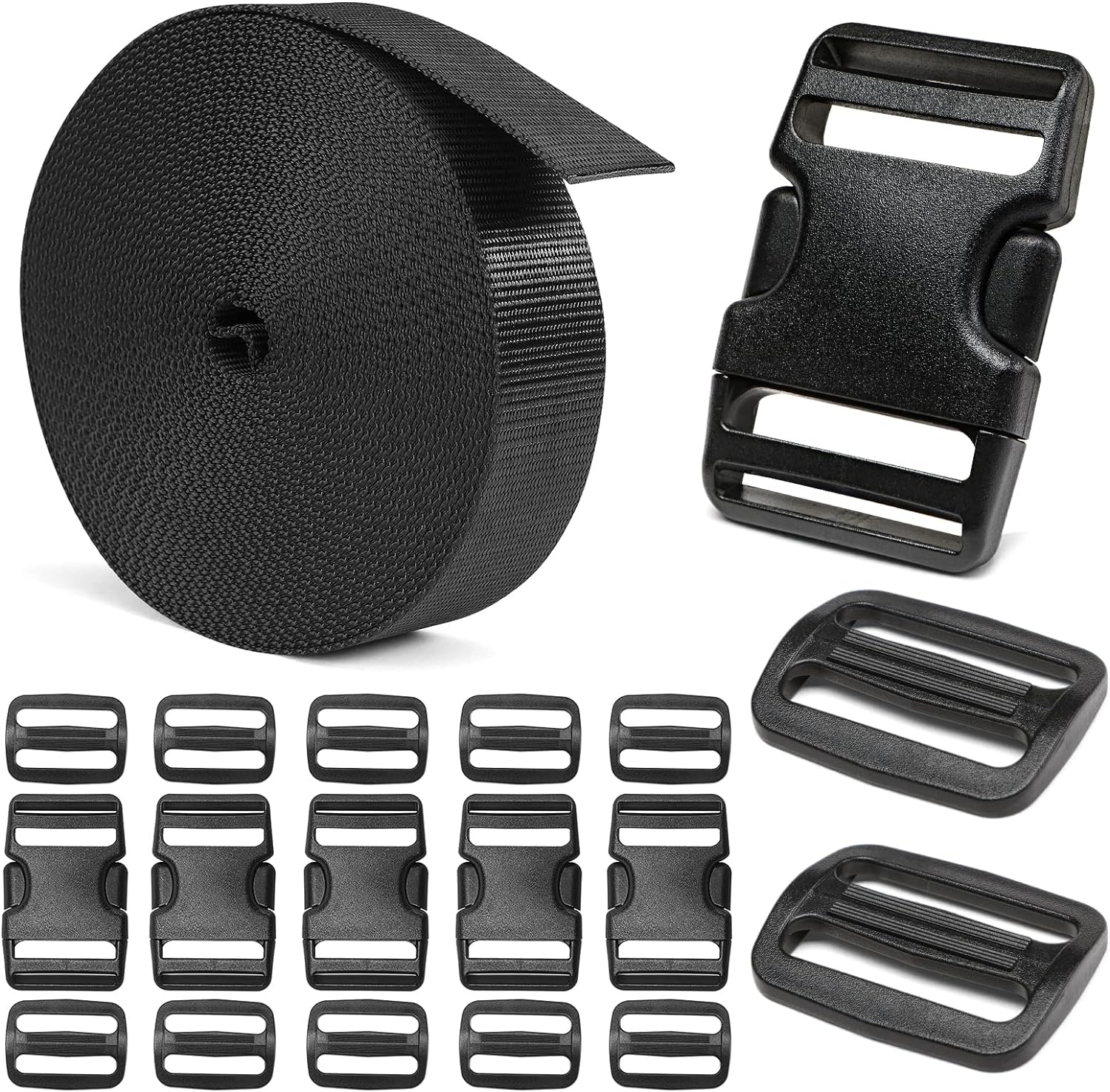 BEYOURD Buckles and Straps Set 1": 6 Yards of Thick Nylon Webbing, 6-Pack Heavy Duty Adjustable Quick Side Release Plastic Buckles