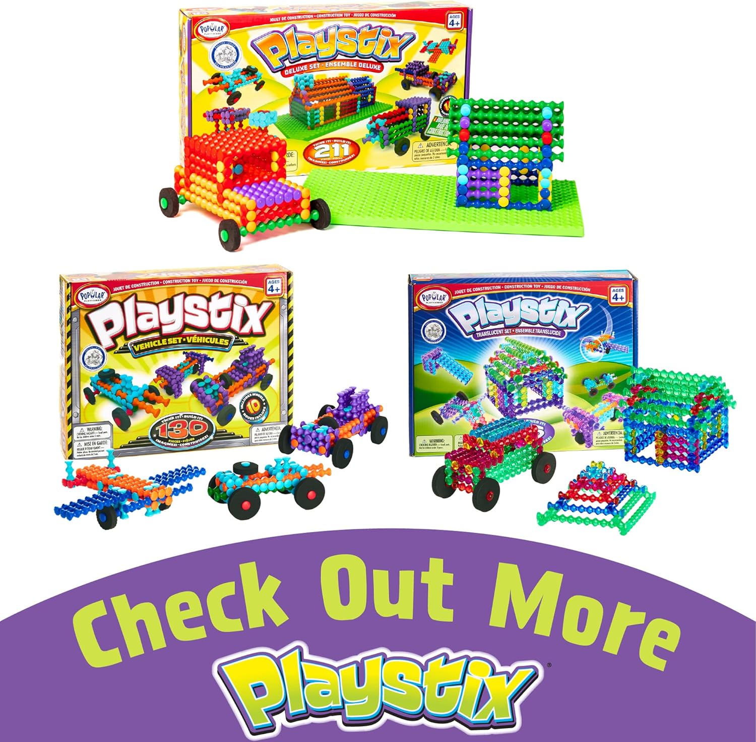 POPULAR PLAYTHINGS Playstix Construction Toy Set, 150 Piece Kit | for Kids Ages 4 and Up, Building Sticks for STEM and Classroom Use