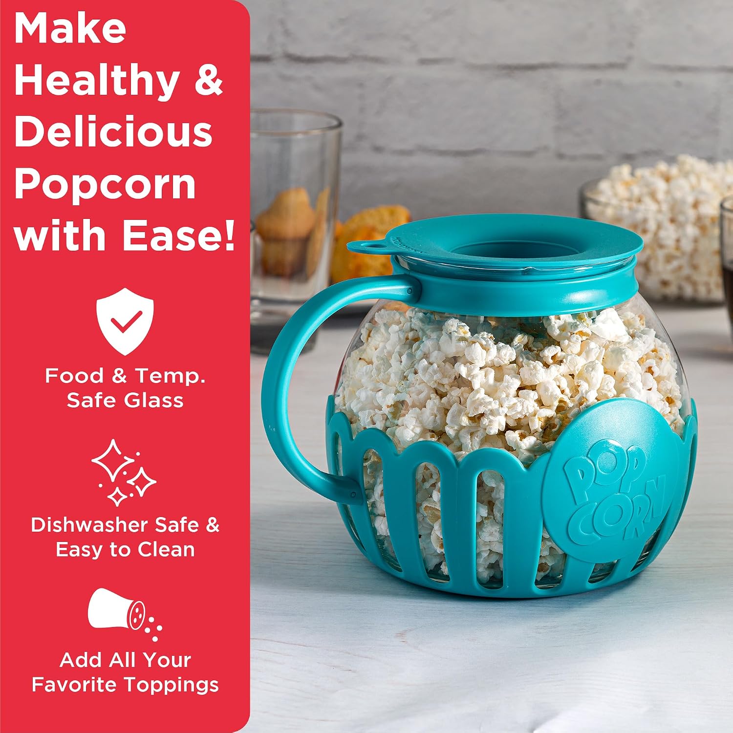 Ecolution Patented Micro-Pop Microwave Popcorn Popper with Temperature Safe Glass, 3-in-1 Lid Measures Kernels and Melts Butter, Made Without BPA, Dishwasher Safe, 3-Quart, Red