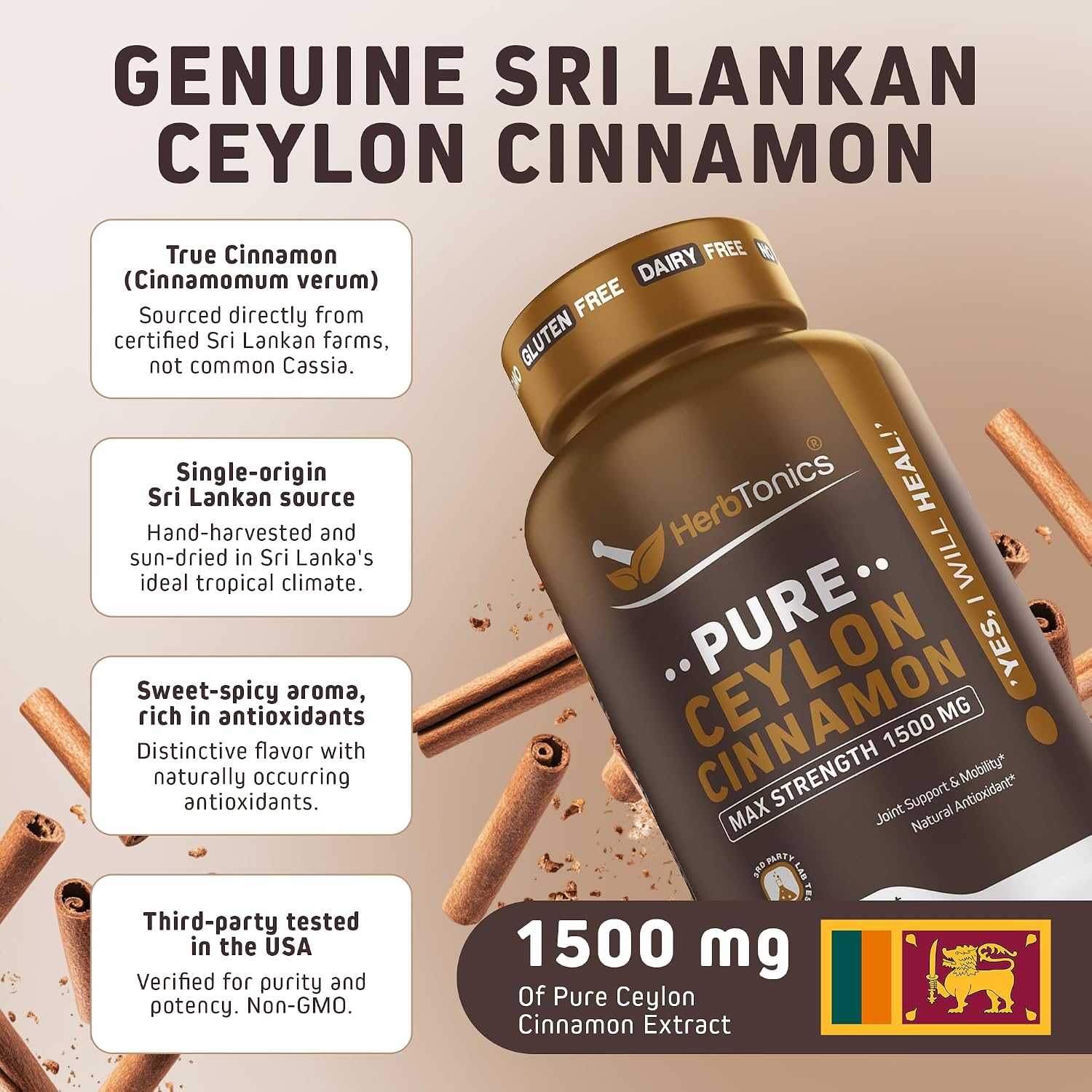 Herbtonics Pure Ceylon Cinnamon Capsules | Immune System, Healthy Weight Management | Non-GMO, Gluten Free | 1500 Mg - 120 Capsules