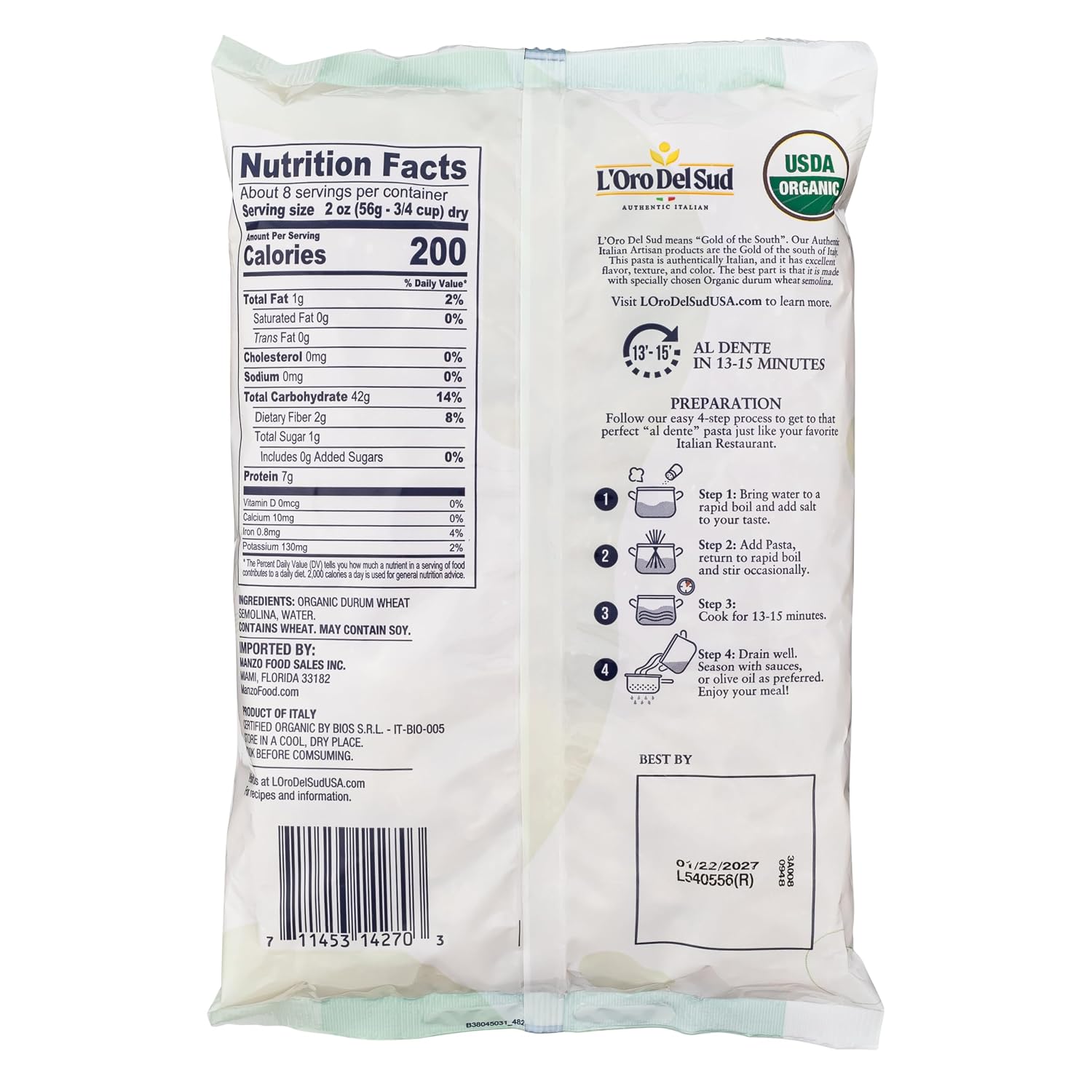 L'Oro Del Sud Organic Farfalle Pasta, Italian Durum Wheat, (16 oz x 4 Pack)