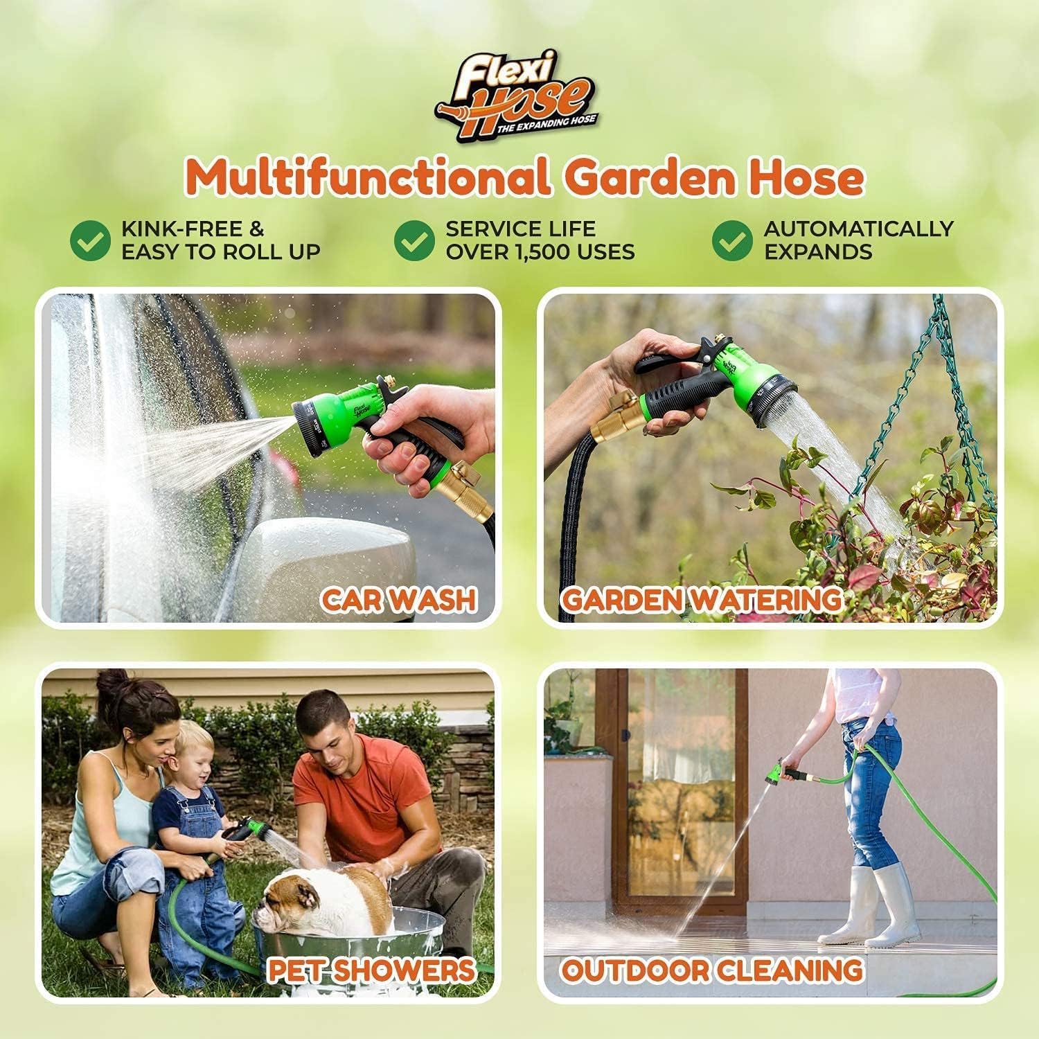 Flexi Hose Lightweight Expandable Garden Hose, 50FT - Retractable Garden Hose, Water Hose - No-Kink Flexibility, 3/4 Inch Solid Brass Fittings and Double Latex Core