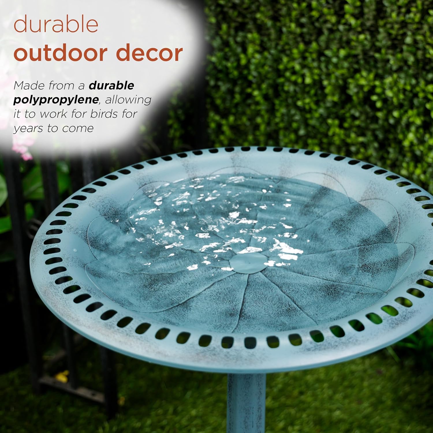 Alpine Corporation TEC116 Outdoor Aged Green Pedestal Birdbath with Scrollwork, 28" Tall, Green