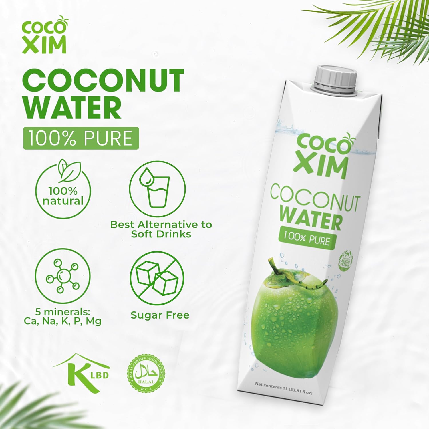 COCOXIM Ready to Drink Pure Coconut Water, 33.8 oz, Pack of 12, Zero Sugar