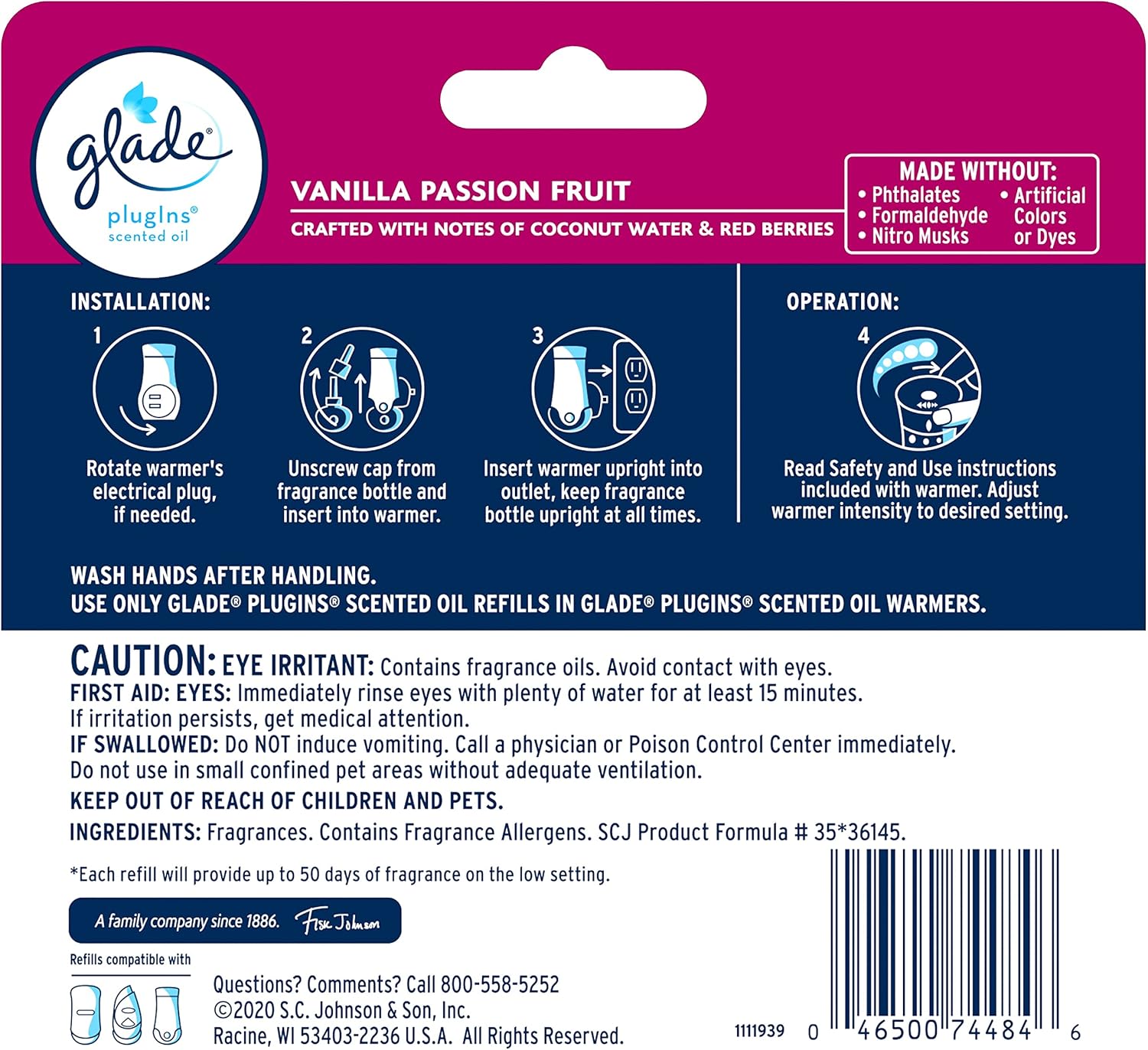 Glade PlugIns Refills Air Freshener, Scented and Essential Oils for Home and Bathroom, Cashmere Woods, 2.01 Fl Oz, 3 Count