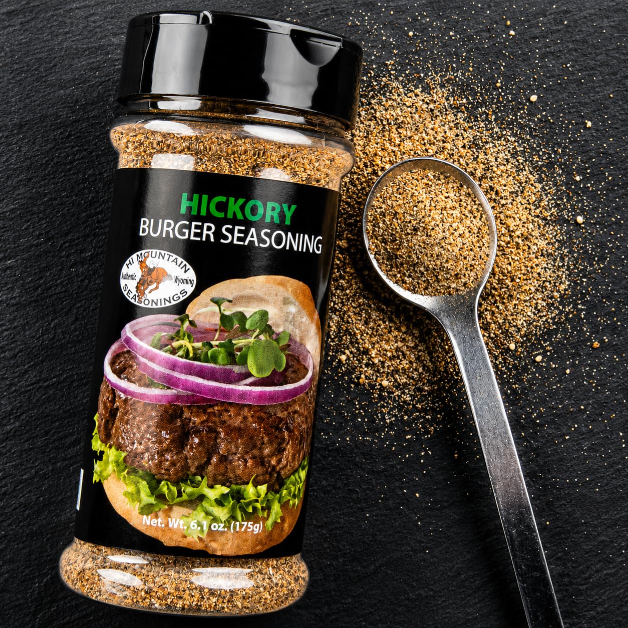 Hi Mountain Hickory Burger Seasoning | Smoked Hamburger Seasoning | Smoked hickory burger seasoning with garlic for rich grilled flavor on beef, turkey, chicken and venison burgers.