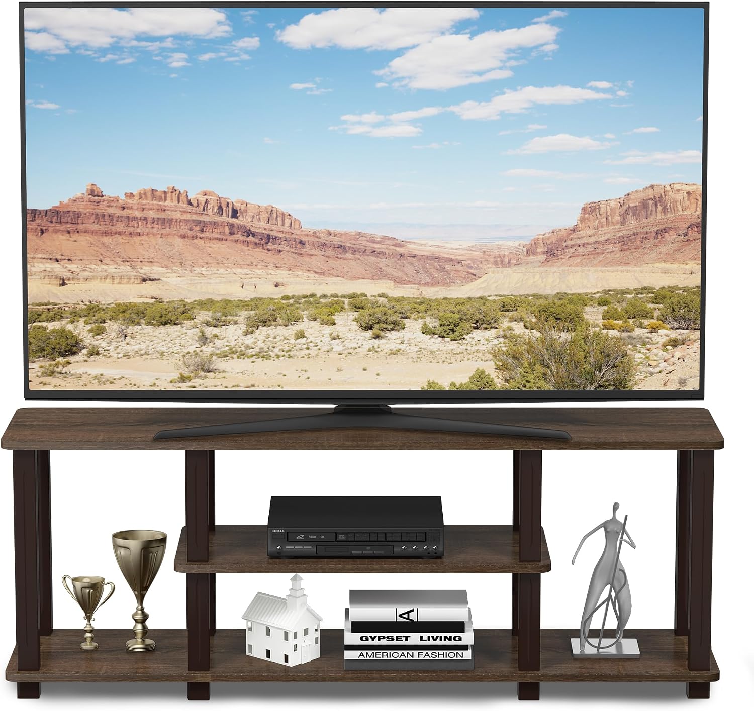 Furinno Turn-N-Tube No Tools 3D 3-Tier Entertainment TV Stand up to 50 inch TV, Round Tubes, French Oak Grey/Black | for TV up to 50 Inch, Open Frame Rectangular Entertainment Center with Storage Shelf, TV Console, for Living Room, Bedroom