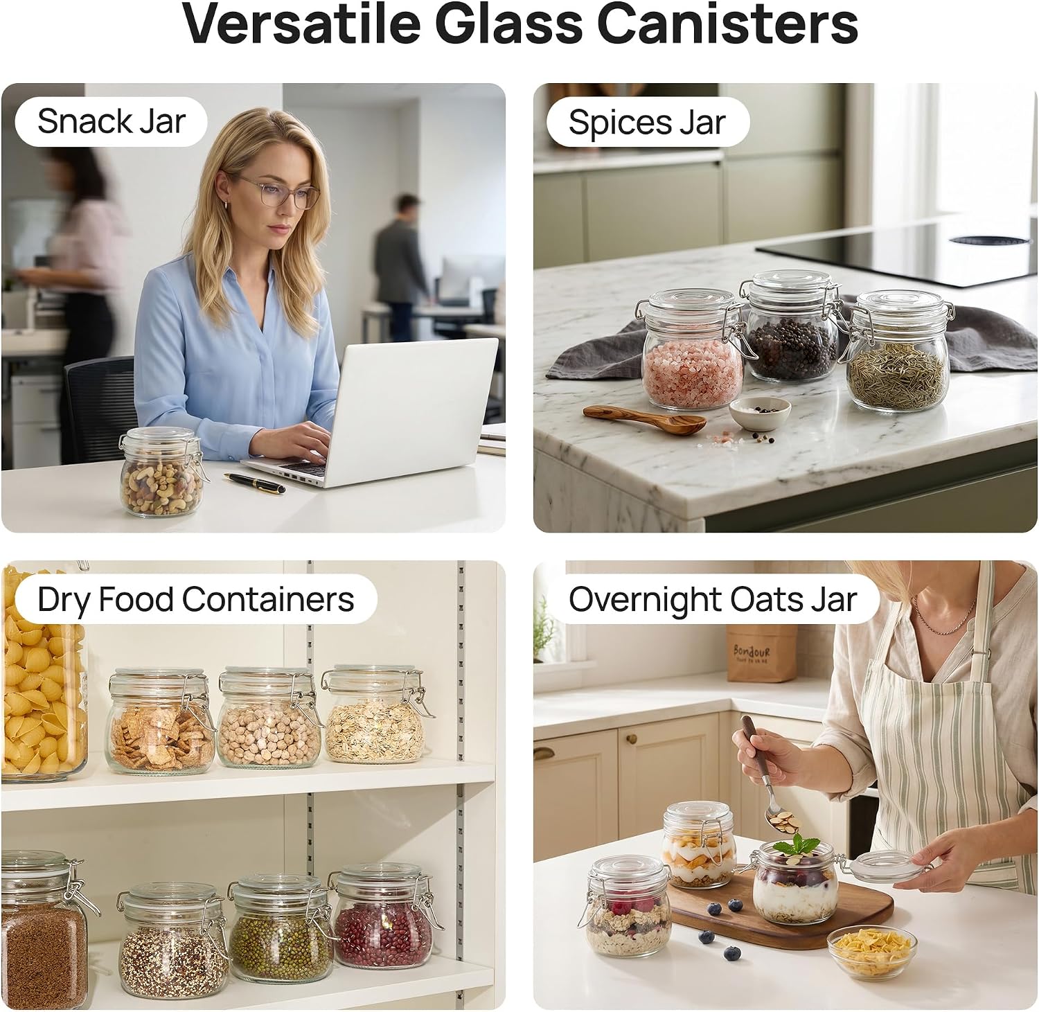 Vtopmart 78oz Glass Food Storage Jars with Airtight Clamp Lids, 3 Pack