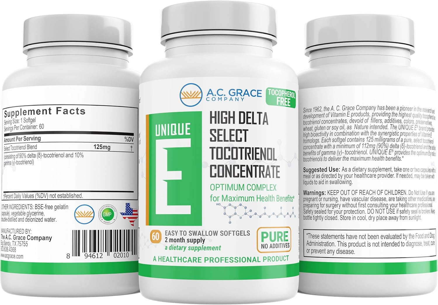 A.C. Grace Company, Unique E Tocotrienols - Tocopherol Free Softgels, 60 Count
