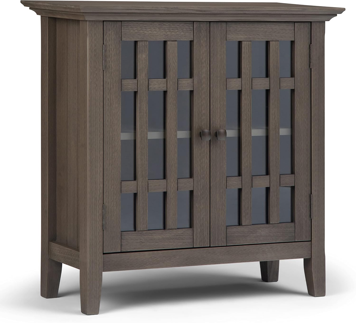 SIMPLIHOME Bedford 62" Wide Solid Wood Sideboard in Brunette Brown | Transitional low media console with glass doors and storage shelves for the living room, entryway or dining room.