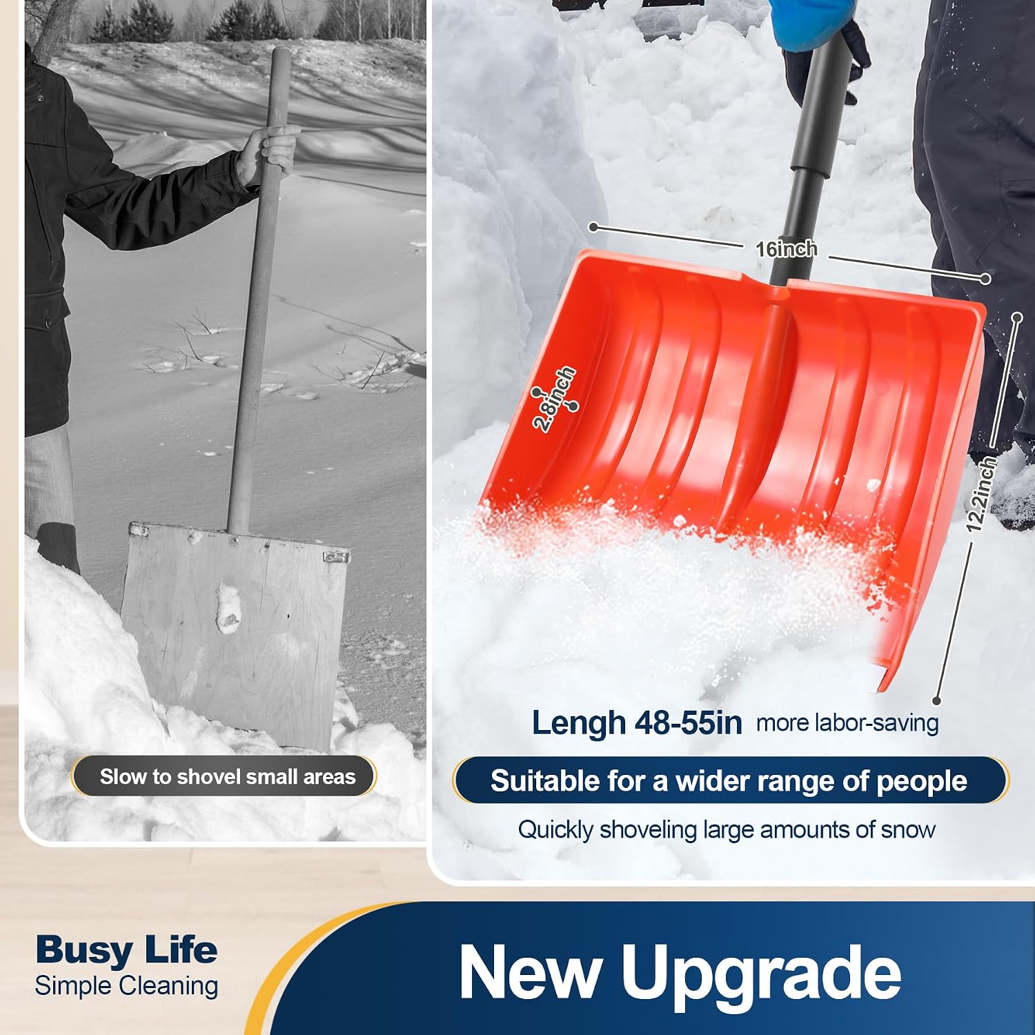 Yocada Snow Shovel for Driveway Home Garage Snow Removal | Aluminum Strip with D-Grip Handle 55 inch Long Large Capacity Shovel for Garden Car