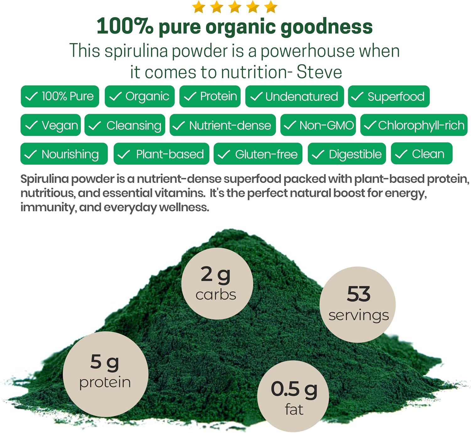 Z Natural Foods Organic Spirulina Powder - 16 oz (Pack of 1) | Organic, Blue-Green Algae Superfood, Spirulina, Raw, Contains Amino Acids, Mixes in Smoothies, Yogurt & Recipes