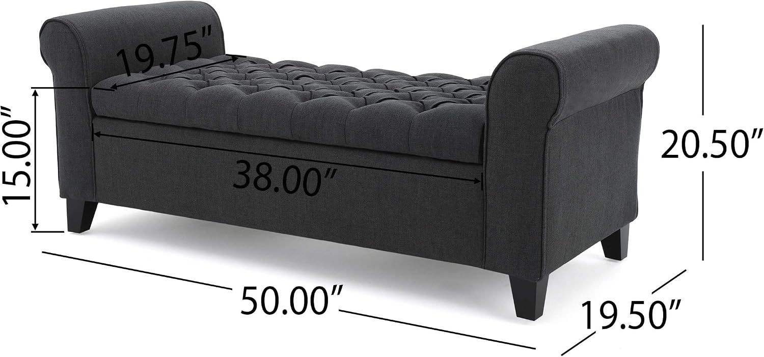 Christopher Knight Home Keiko Fabric Armed Storage Bench, Dark Grey, 19.50”D x 50.00”W x 19.25”H