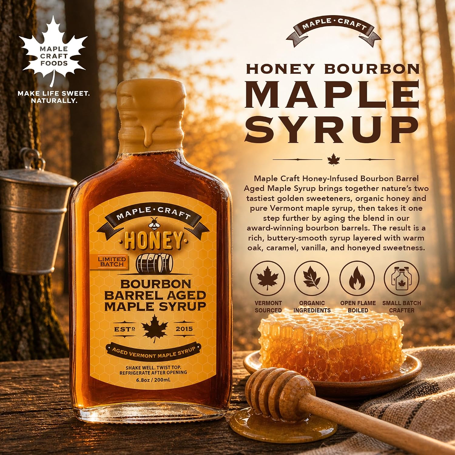 Maple Craft Foods Salted Caramel Maple Syrup – Organic Vermont Maple Syrup with Natural Caramel Flavor & Salt, Gourmet Flavored Syrup for Pancakes, Coffee, Baking and Desserts, 6.8 oz