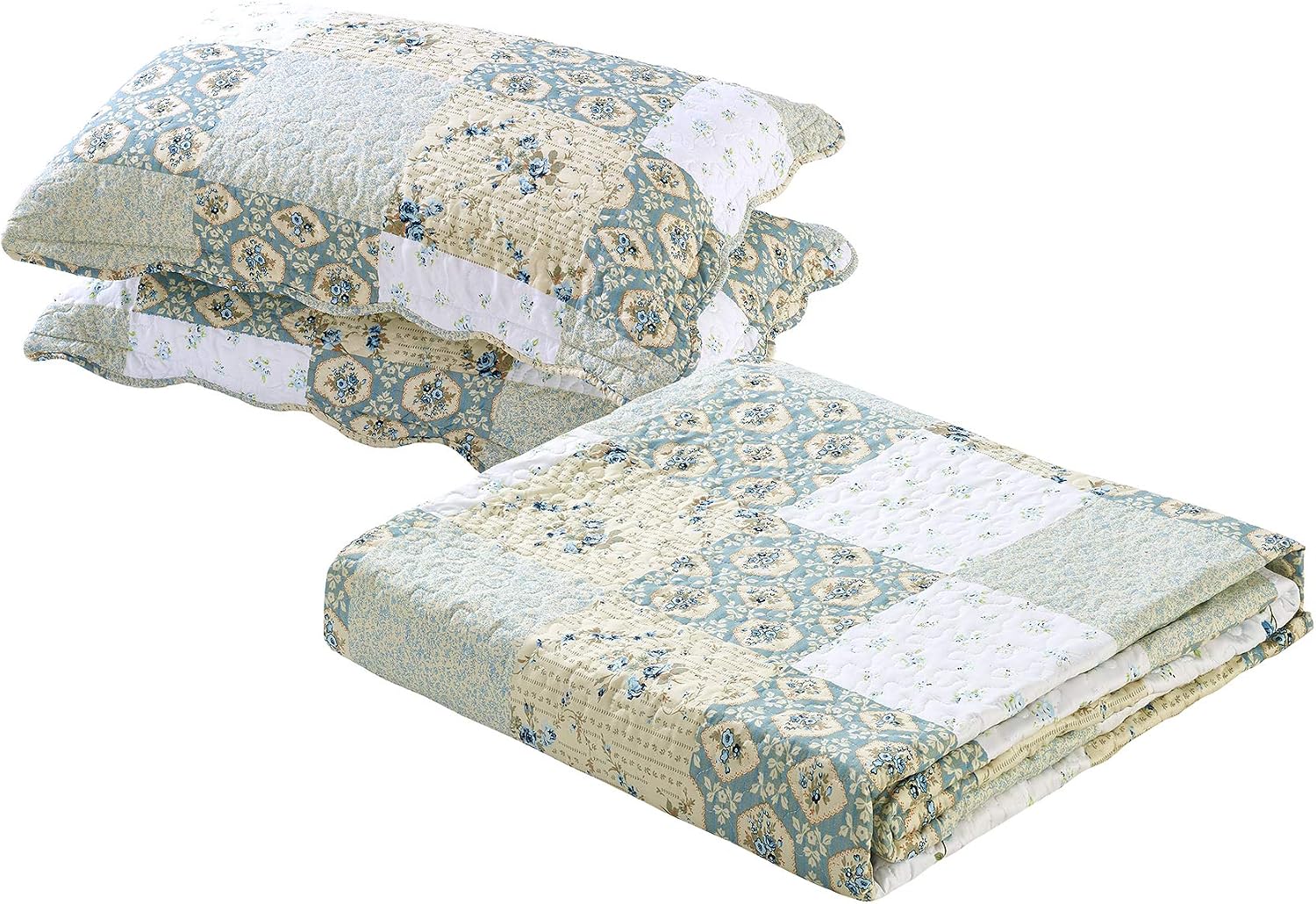 New Reversible 3pc Floral Printed Patchwork Blue/Green Bedspread/Quilt Set Matching Curtains Available (King/Cal King Size)