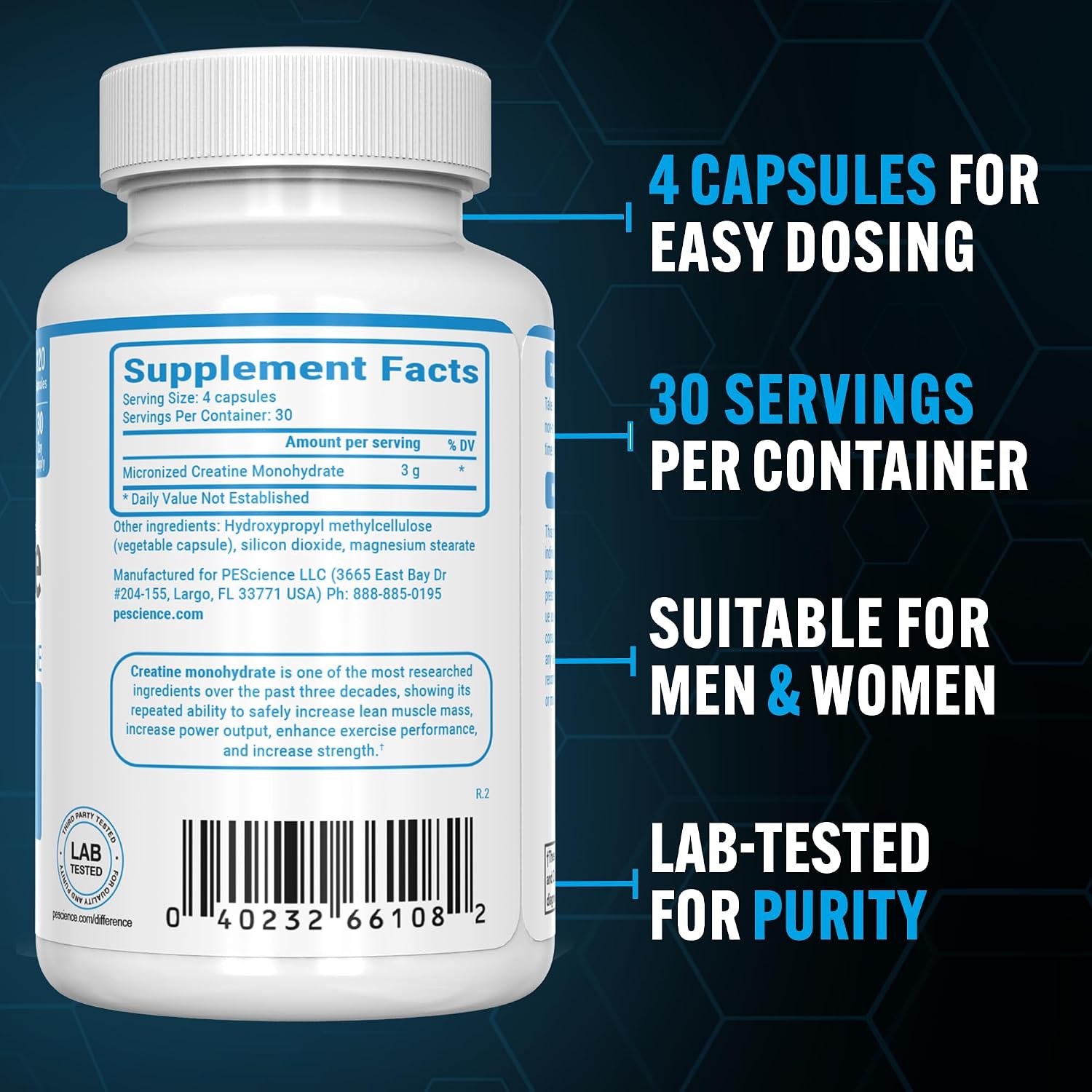 PEScience TruCreatine Creatine Monohydrate Pills, Creapure, 120 Capsules | Easy-To-Take Creapure Creatine Capsules, Monohydrate, For Men & Women